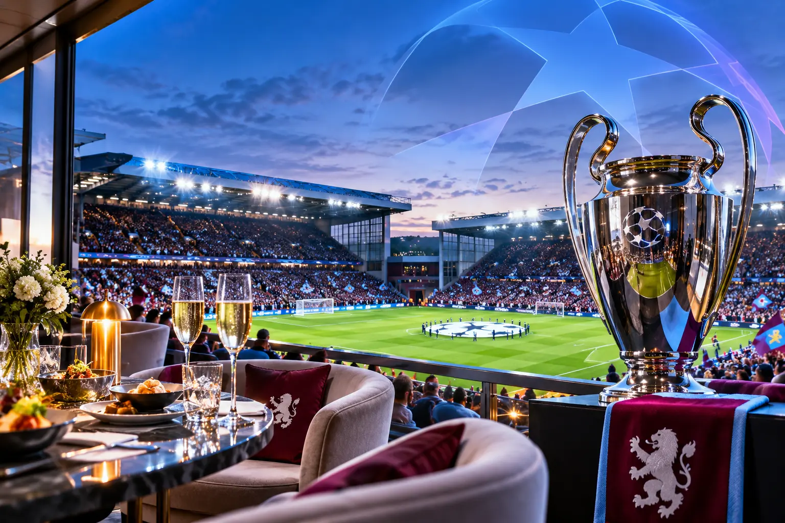 View from a luxury hospitality suite at Villa Park looking over the pitch during a Champions League match setup, featuring fine dining glasses, plush seating, and the Champions League trophy displayed on the right.