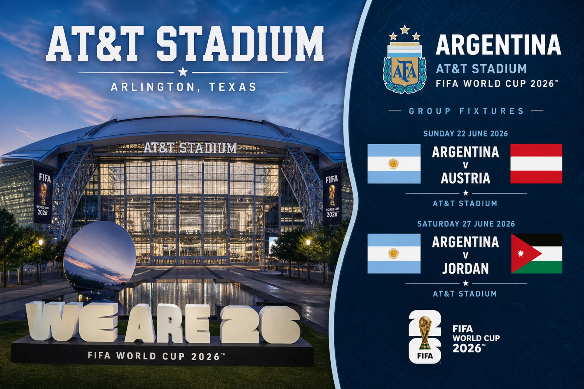 رسوم بيانية لاستاد AT&T تظهر مباريات الأرجنتين في كأس العالم 2026 ضد النمسا والأردن في أرلينغتون، تكساس.