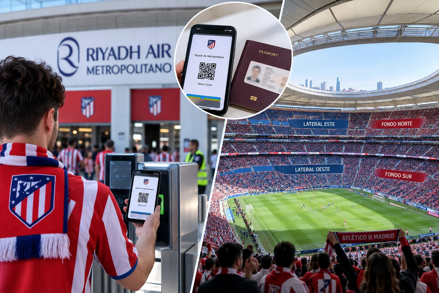 A photo collage showing a fan scanning a digital ticket at the Riyadh Air Metropolitano entry turnstile, a mobile phone displaying a ticket QR code next to a passport, and a seating section map of the stadium.