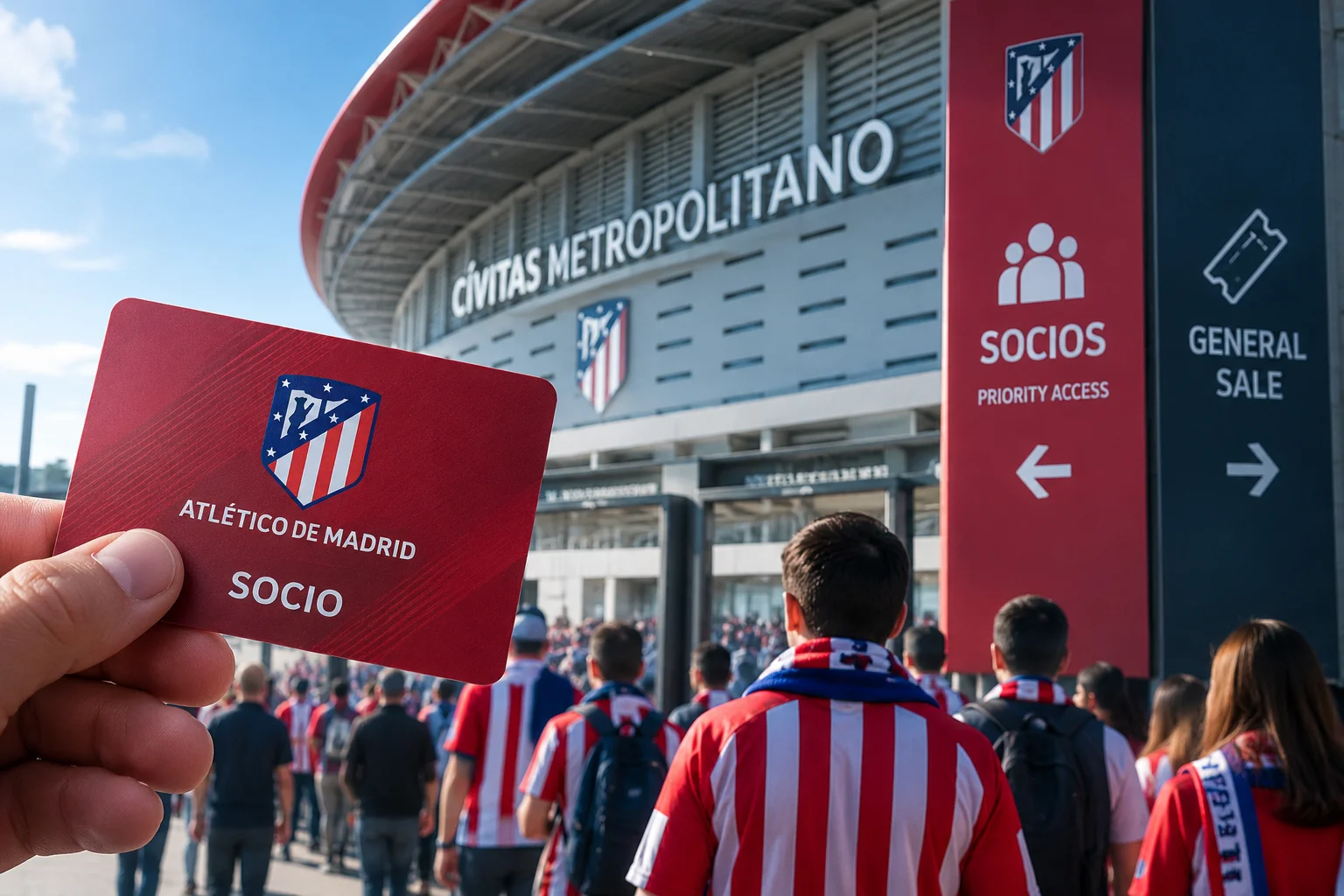 A hand holding a red Atlético de Madrid Socio membership card outside the Cívitas Metropolitano stadium, with signs pointing toward Socio Priority Access and General Sale entrances.
