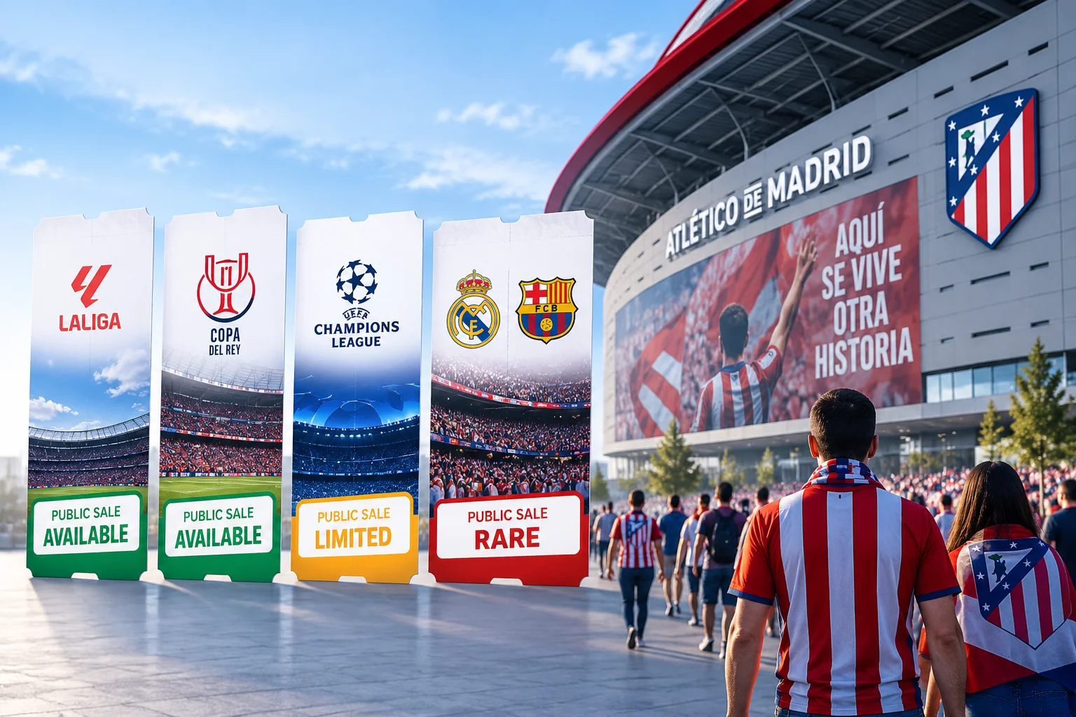 Fans wearing red-and-white striped Atlético de Madrid jerseys walking toward the stadium, with four ticket graphics showing public sale availability for LaLiga, Copa del Rey, Champions League, and Real Madrid/Barcelona matches.