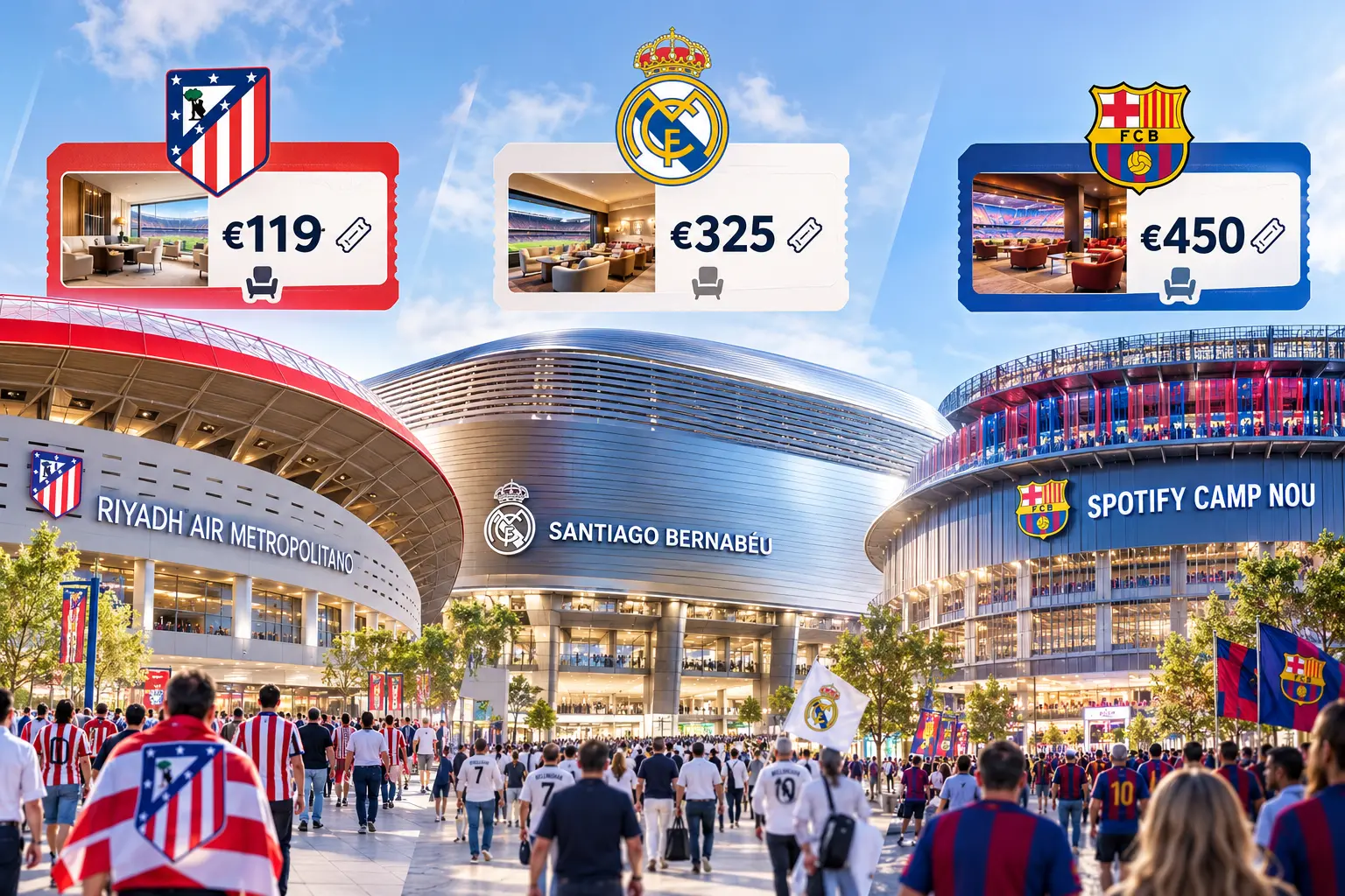 Graphic comparing matchday VIP ticket prices across three major Spanish football stadiums: Atlético Madrid (€119), Real Madrid (€325), and Barcelona (€450), with crowds and stadium exteriors pictured below.