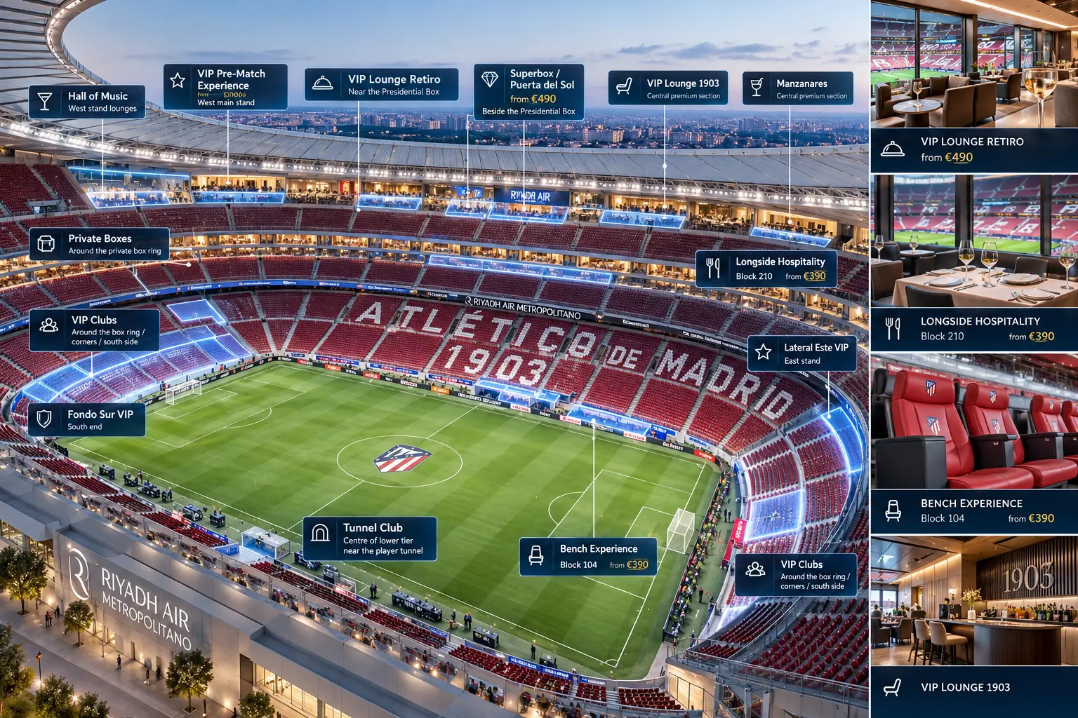 Detailed seating diagram of Riyadh Air Metropolitano stadium highlighting various VIP hospitality zones, luxury lounges, private boxes, and bench experience seats with starting prices.