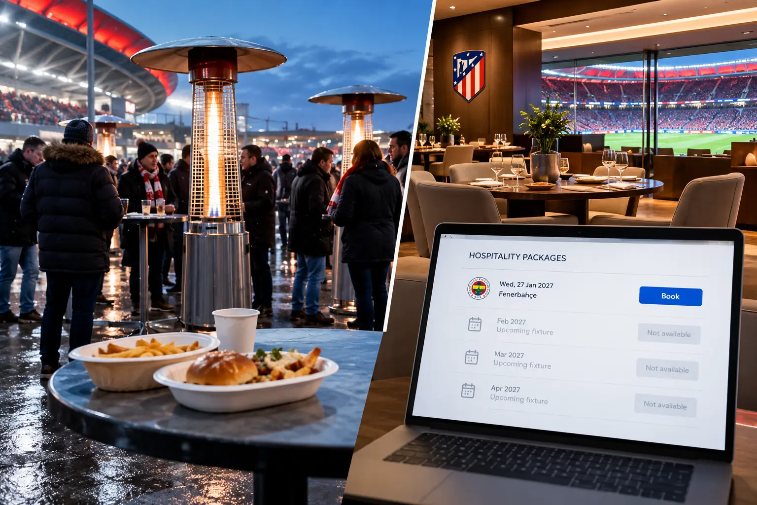 Split graphic showing outdoor stadium concourse food tables with patio heaters on the left, and a laptop displaying a hospitality booking interface inside a luxury VIP lounge overlooking the pitch on the right.