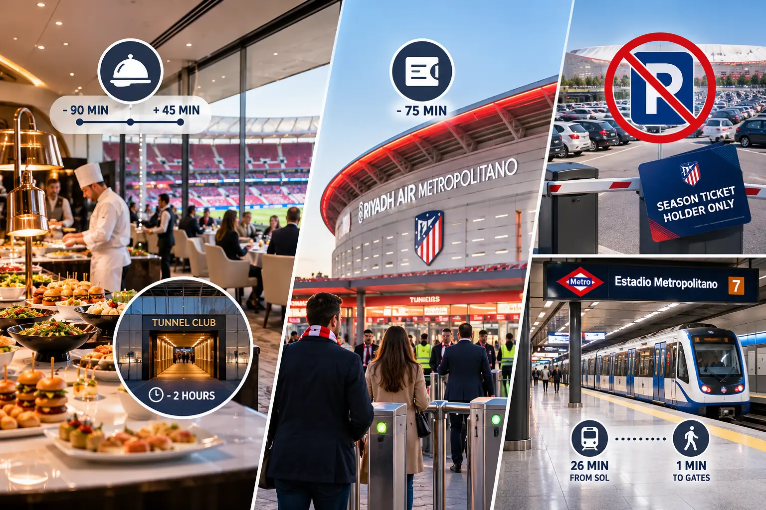 Multi-panel infographic illustrating matchday details at Metropolitano Stadium, including VIP lounge dining times, entry gates, parking restrictions, and metro station access.