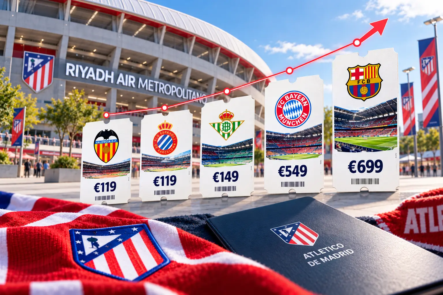 Graphic showing tiered ticket pricing for Atlético Madrid fixtures ranging from €119 for Valencia and Espanyol to €699 for Barcelona, set against the Riyadh Air Metropolitano stadium background.