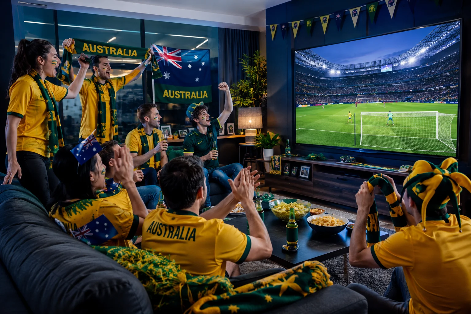 Australia fans cheering while watching a World Cup 2026 match on TV at home.