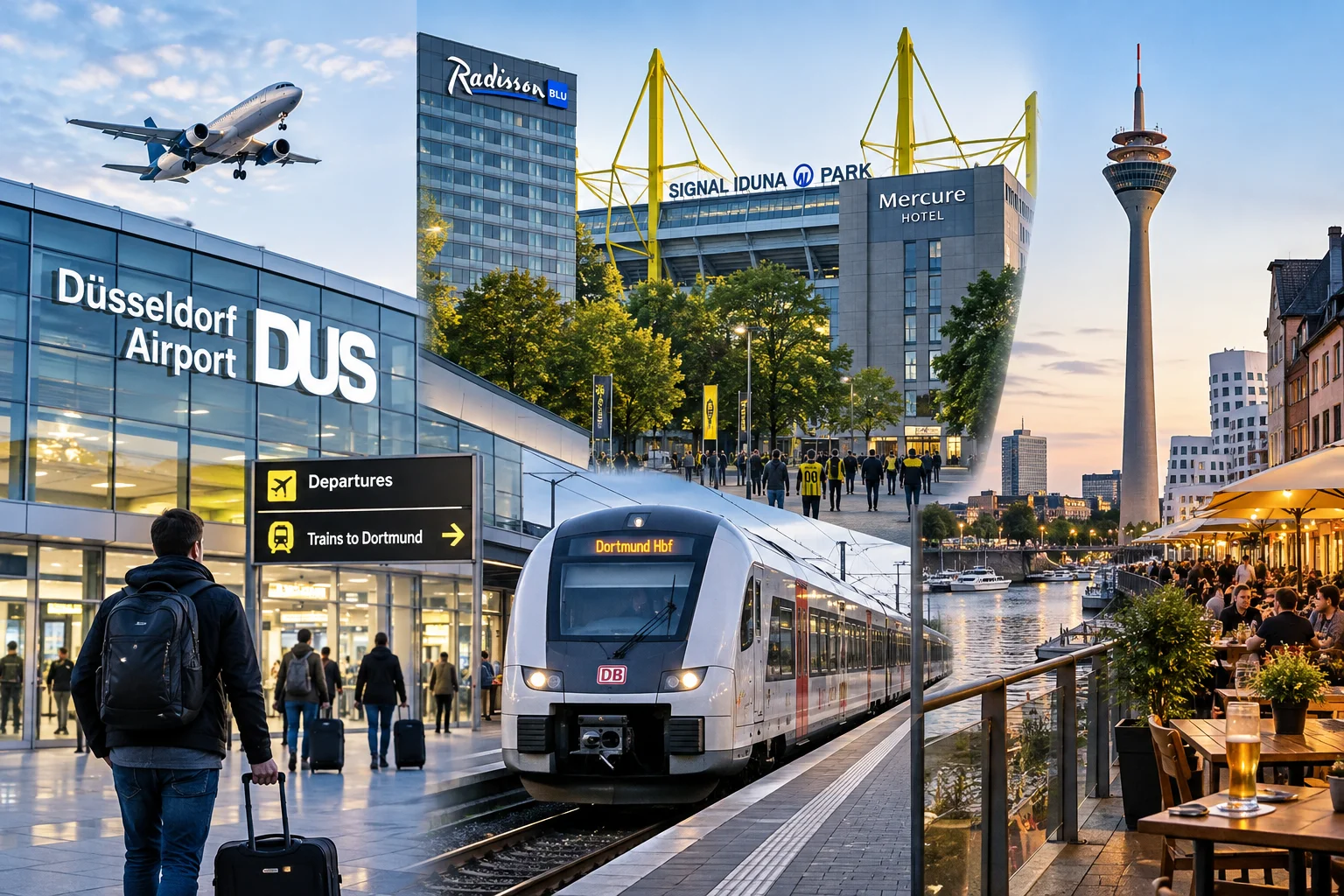 صورة مركبة تضم وصول مطار دوسلدورف، وقطار ديشله متجه إلى دورتموند Hbf، وملعب سيغنال إيدونا بارك محاطًا بفنادق راديسون بلو وميركيور، وبار بجوار النهر.