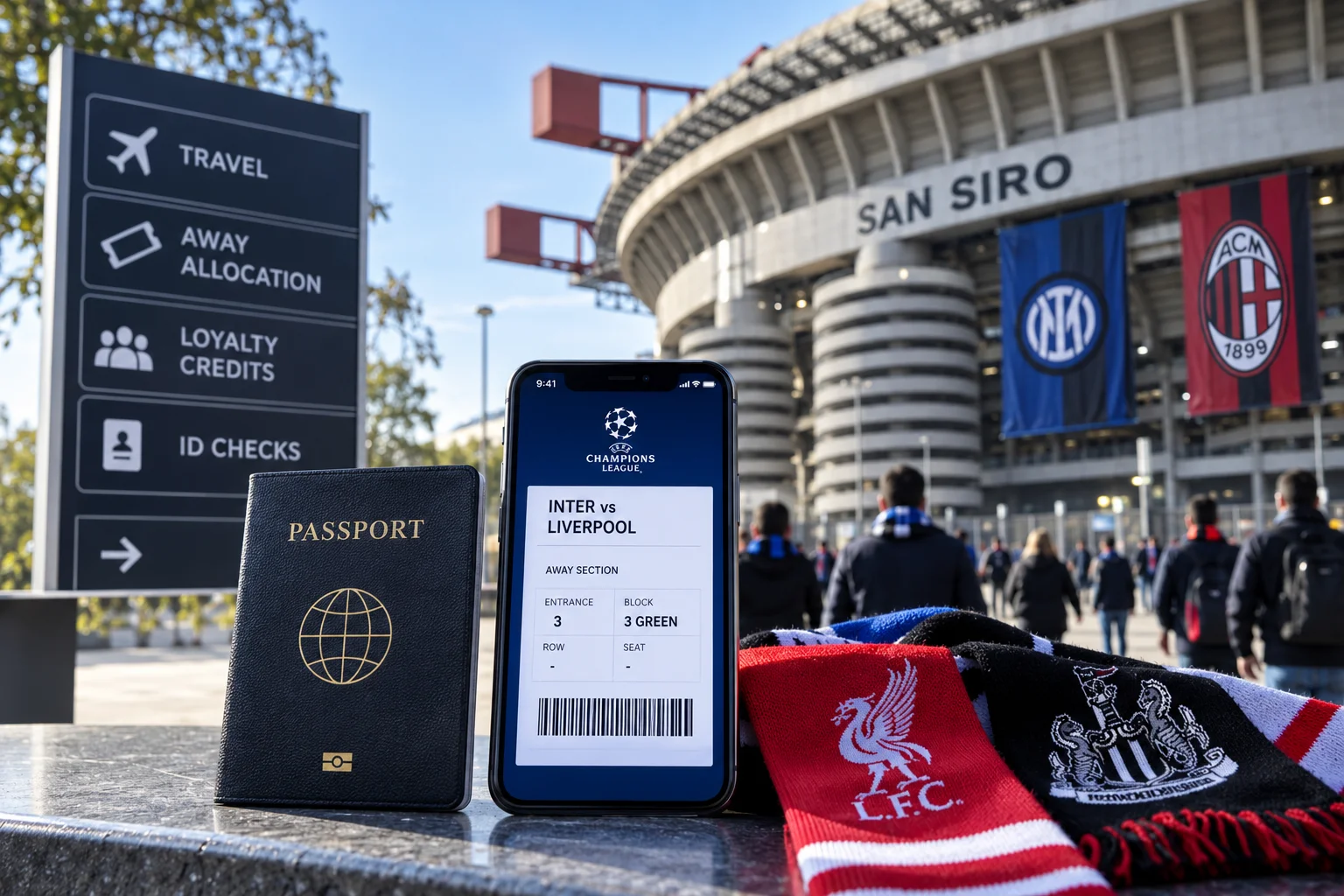 هاتف ذكي يعرض تذكرة رقمية لدوري أبطال أوروبا لمباراة "إنتر ضد ليفربول" يجلس على حافة حجرية بجوار جواز سفر وشالات مشجعين، موضوعة أمام مدخل ملعب سان سيرو.