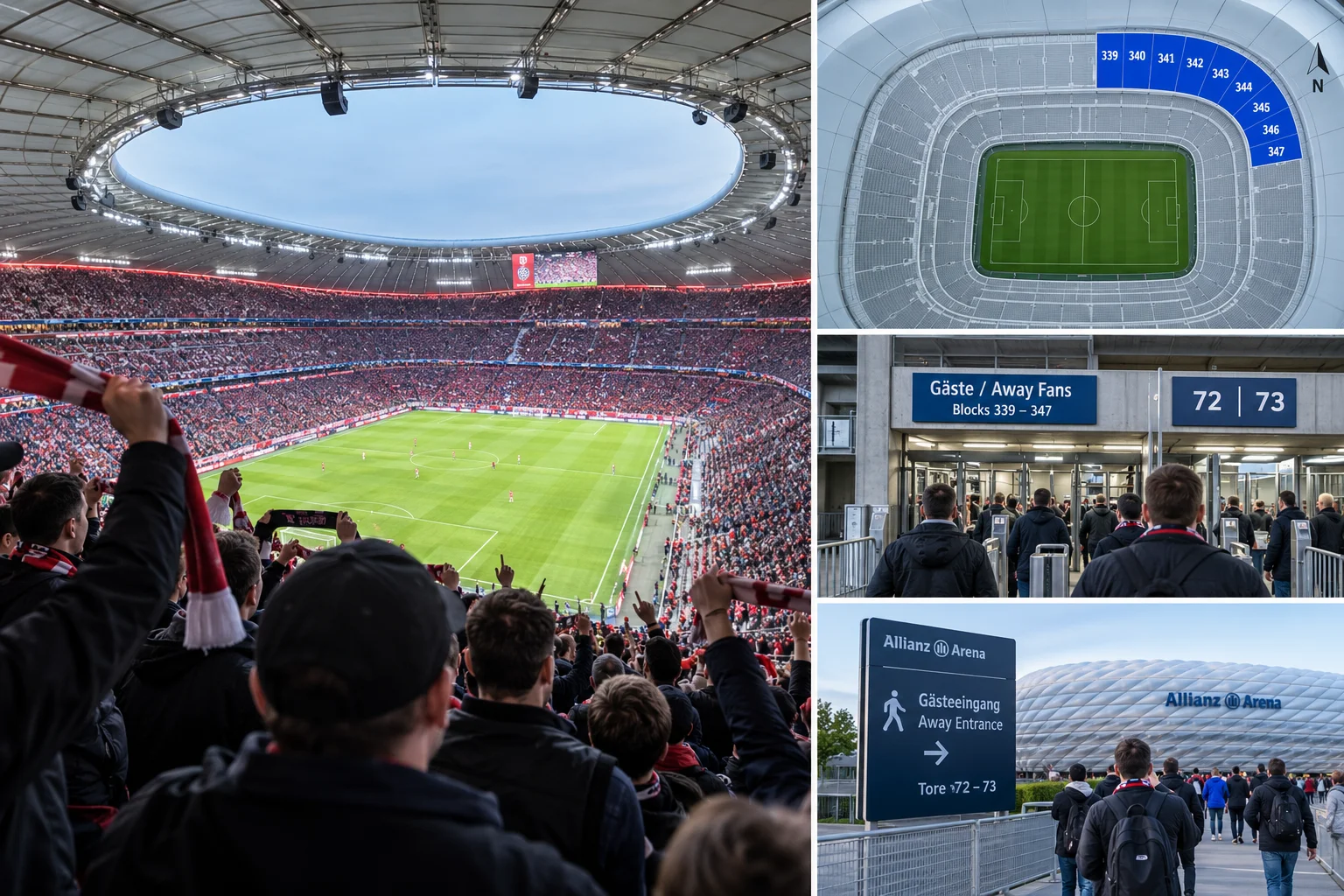 كوليچ يعرض داخل Allianz Arena أثناء مباراة، خطة جلوس تبرز كتل الزوار 339 إلى 347، ولافتات خارجية لدخول المشجعين/الزوار.