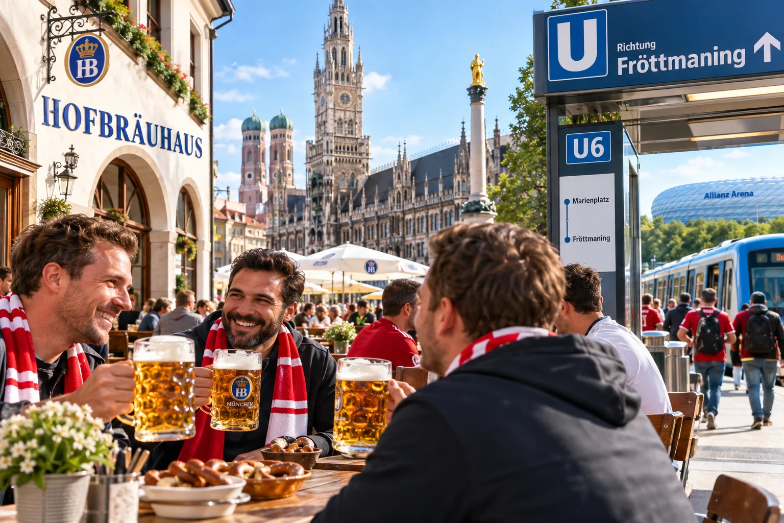 مشجعو كرة القدم يبتسمون ويشربون البيرة في أكواب زجاجية على طاولة خارجية بالقرب من Hofbräuhaus في ميونيخ، مع لافتة محطة U-Bahn U6 فراتمانينغ وعليانز أرينا في الخلفية.