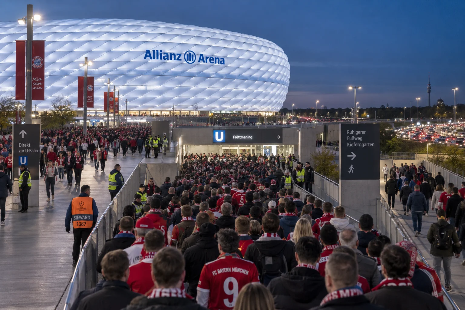 حشد كبير من مشجعي كرة القدم الملبسين باللون الأحمر يسيرون نحو Allianz Arena المضيئة عند الغسق، خارجين من محطة فراتمانينغ U-Bahn.
