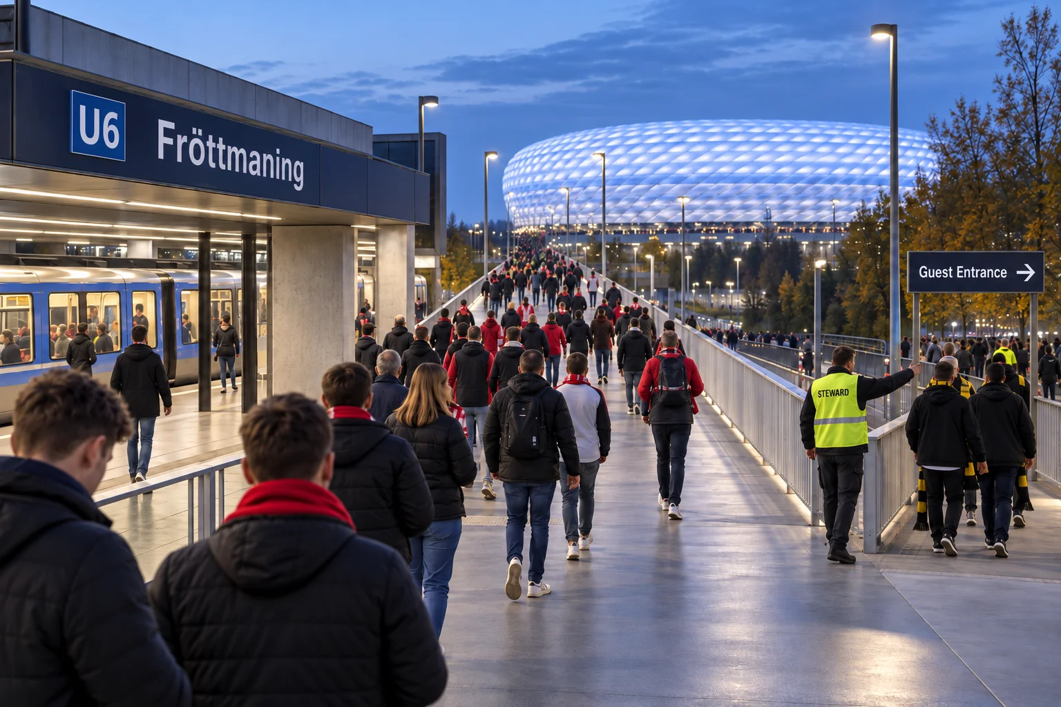 مشجعون يسيرون على ممر مرتفع من محطة فراتمانينغ U6 نحو Allianz Arena المضيئة في سماء الشفق.