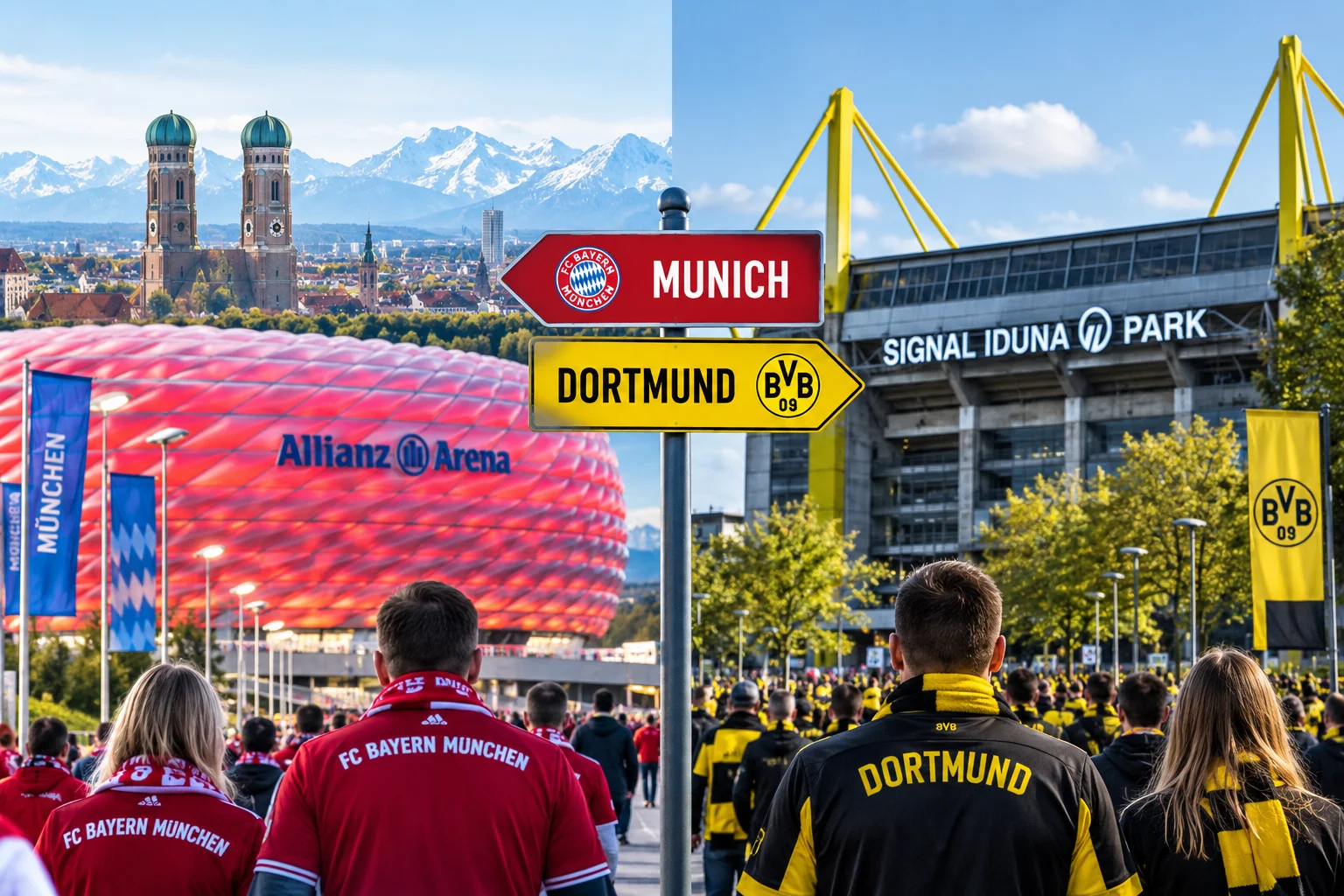 صورة مقسومة تظهر مشجعين بايرن ميونيخ يتجهون نحو Allianz Arena المضيئة باللون الأحمر على اليسار ومشجعين بوروسيا دورتموند يتجهون نحو إشارة Iduna Park على اليمين، مقسومة بإشارة توجيه مركزية.
