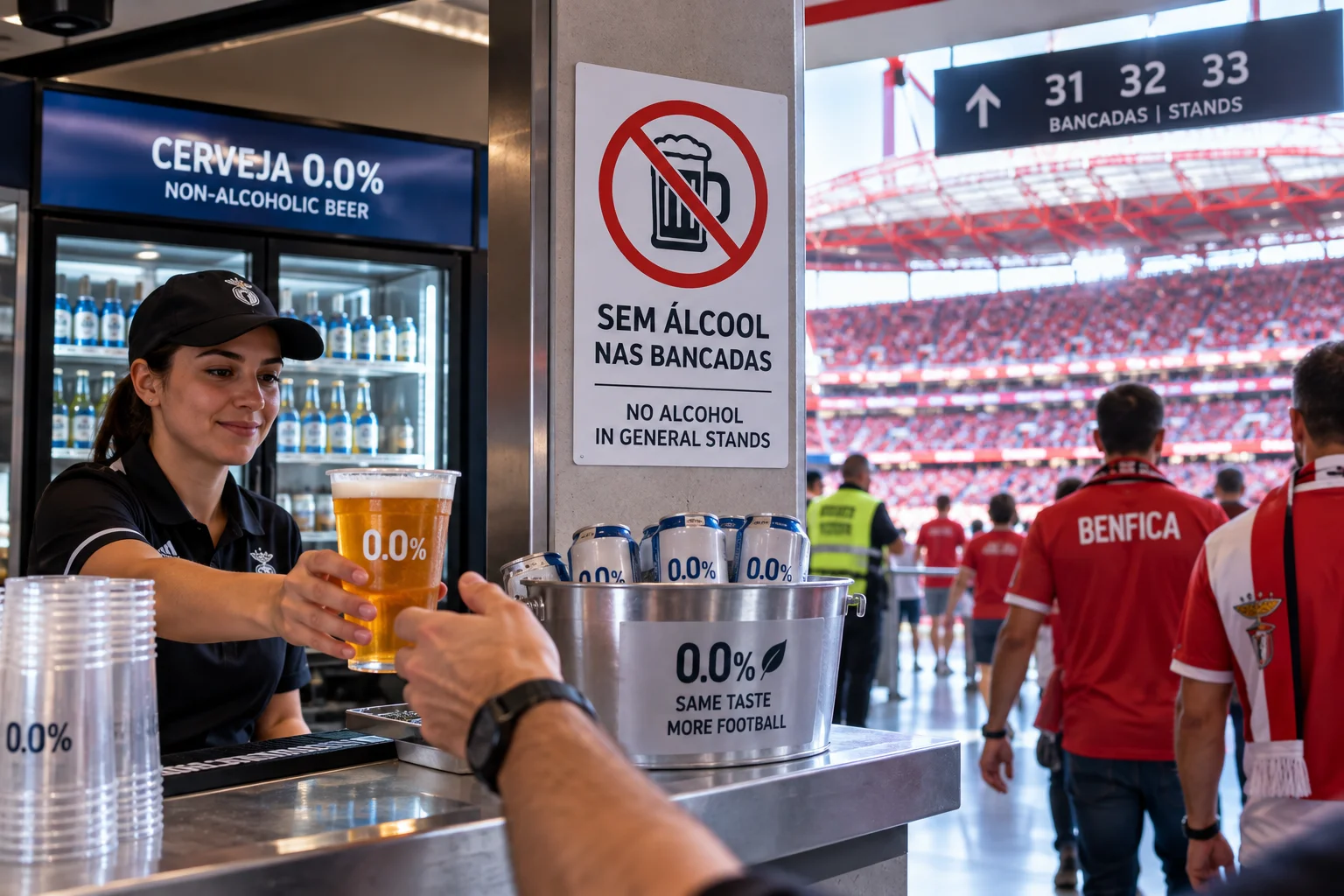 A bartender at a stadium concession counter hands a plastic cup of non-alcoholic beer to a fan. A sign on the pillar behind the counter reads "Sem Álcool nas Bancadas / No alcohol in general stands," alongside a bucket containing cans of 0.0% beer. Benfica fans in red jerseys walk through the concourse toward the open stadium stands in the background.