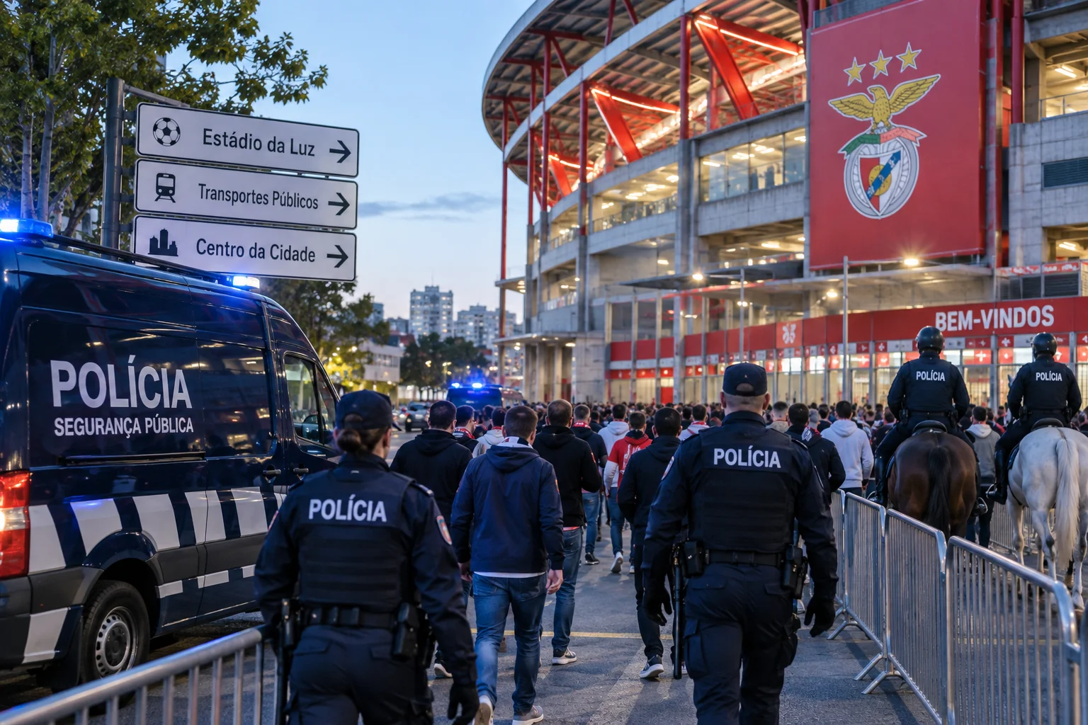 Uniformed Portuguese police officers (Polícia Segurança Pública) on foot and horseback monitor a crowd of football supporters walking toward Estádio da Luz at dusk. A police van with flashing blue lights sits near directional street signs pointing toward the stadium, public transport, and the city center.