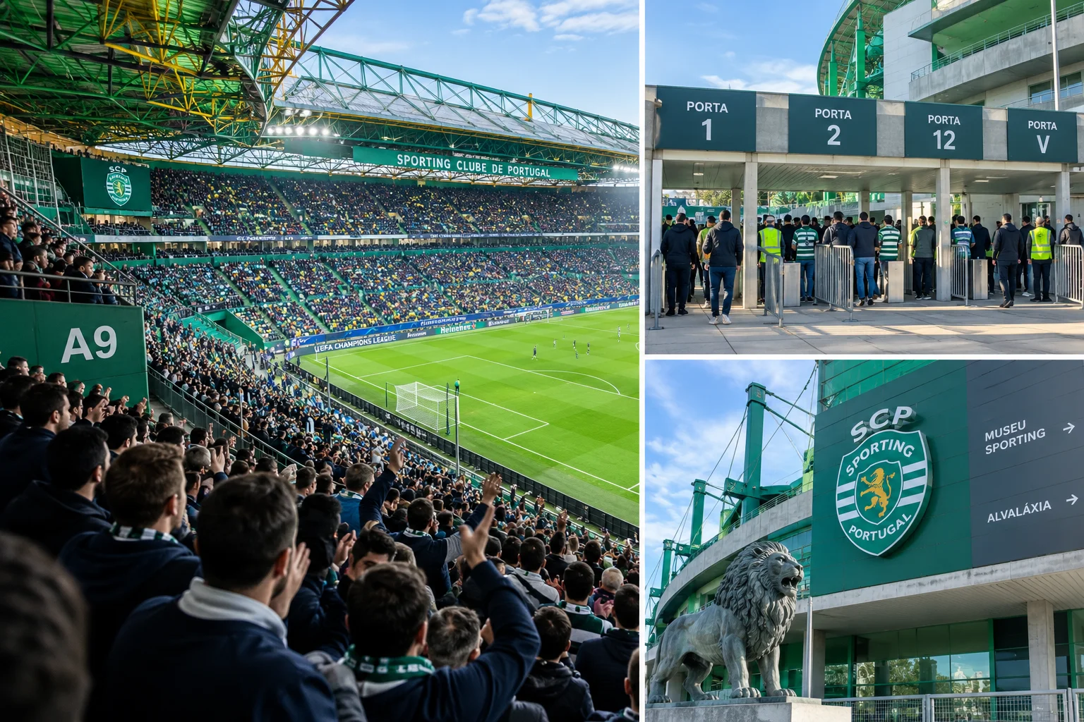 A three-panel image showing matchday operations at Sporting CP's Estádio José Alvalade. The large left panel shows a view from the crowd inside the stadium looking over green seats toward the pitch. Top-right shows fans passing through turnstiles labeled Porta 1, Porta 2, and Porta 12. Bottom-right shows the exterior of the stadium featuring the green SCP logo and a large stone lion statue.