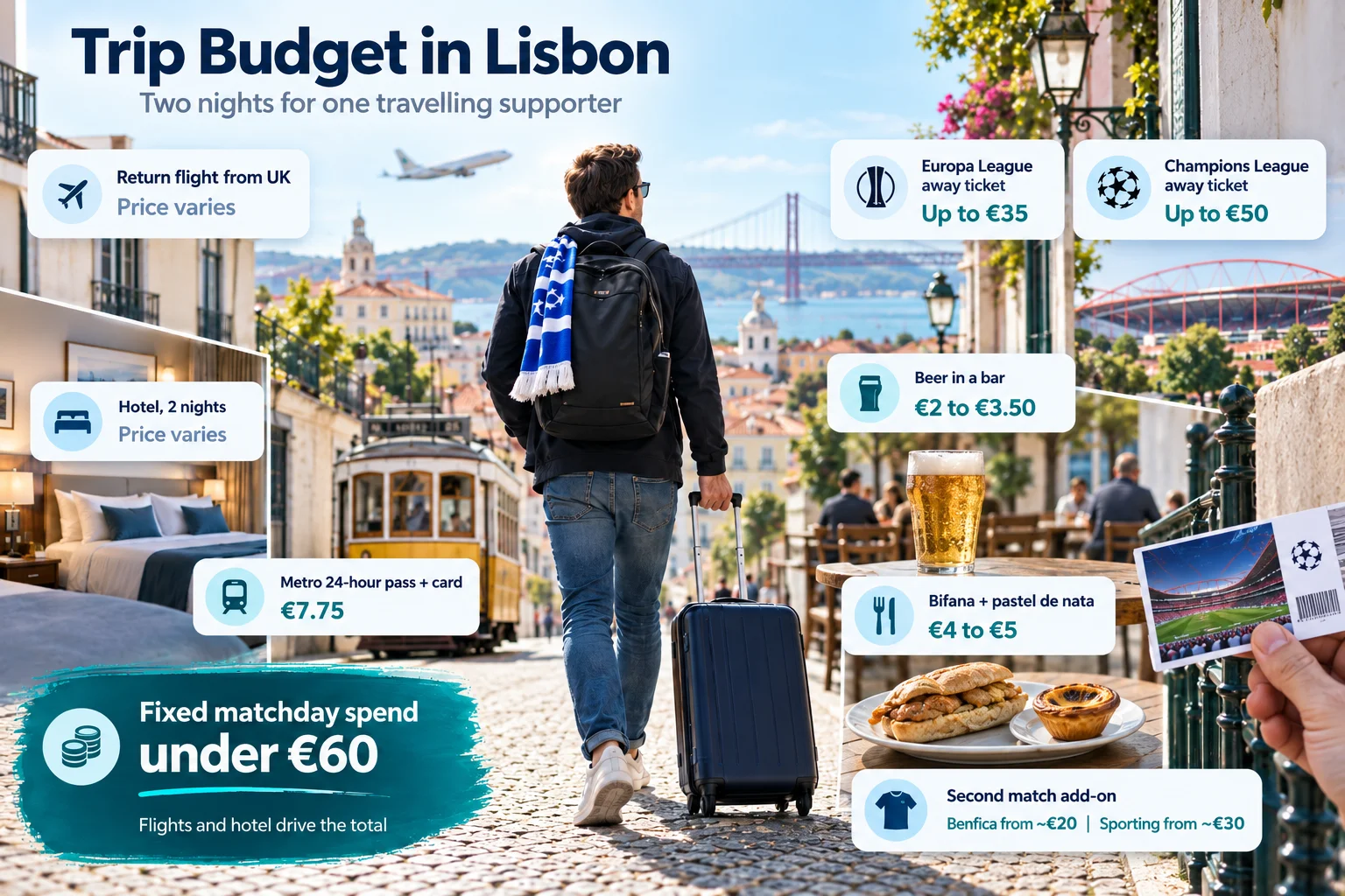 An visual guide outlining estimated expenses for a two-night trip to Lisbon for a football fan. Overlaid callout boxes show costs: Europa League ticket (up to €35), Champions League ticket (up to €50), beer in a bar (€2–€3.50), bifana and pastel de nata (€4–€5), 24-hour metro pass (€7.75), and second match add-ons (Benfica from ~€20, Sporting from ~€30). A large badge at the bottom reads "Fixed matchday spend under €60," set against a backdrop of a traveler walking through Lisbon with a rolling suitcase.