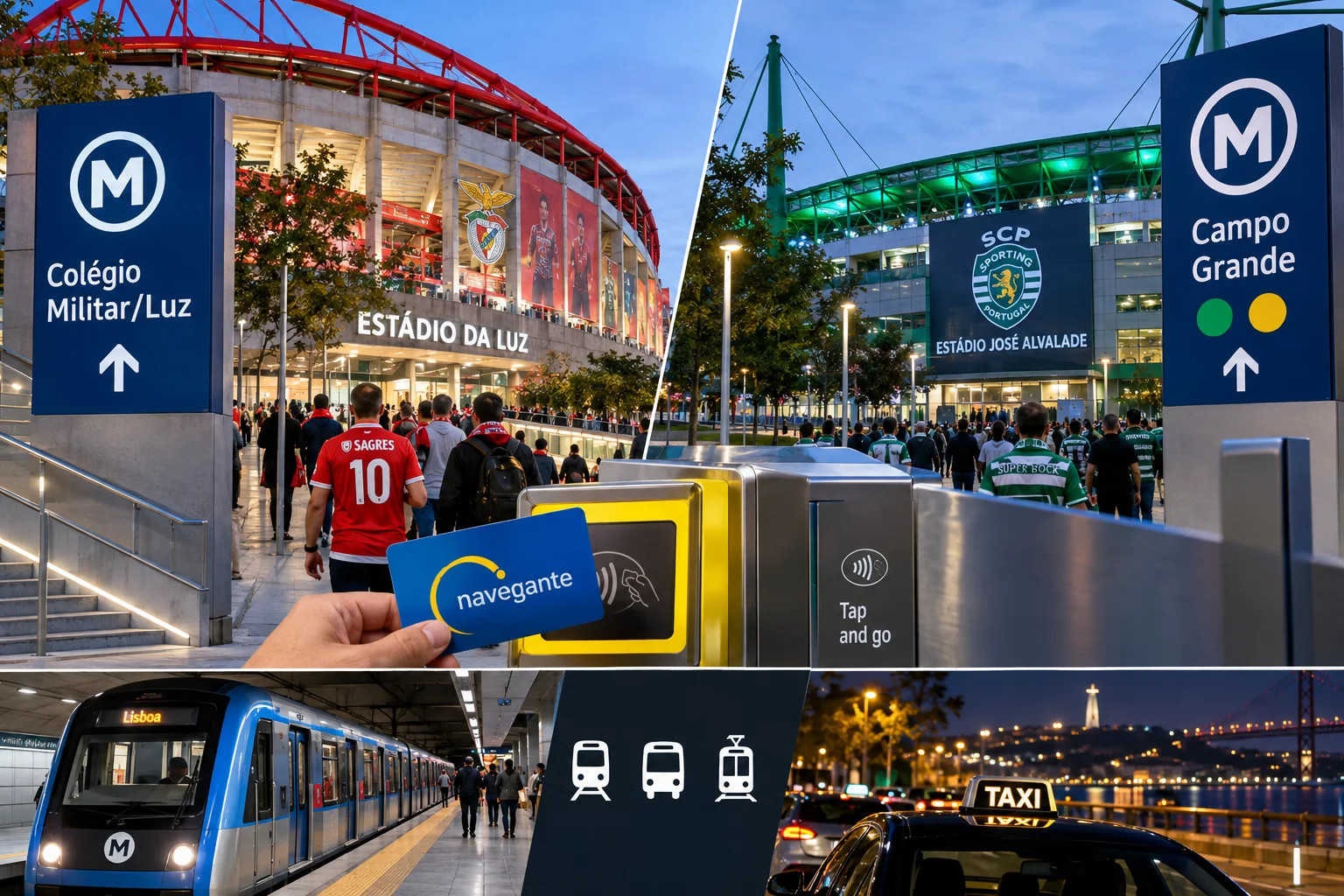 A collage showing transport options in Lisbon for football fans. Top-left shows fans entering the Colégio Militar/Luz metro station in front of S.L. Benfica’s Estádio da Luz. Top-right shows fans heading toward Campo Grande metro station by Sporting CP’s Estádio José Alvalade. Center shows a hand holding a blue Navegante transit card at a turnstile. Bottom panels feature a Lisbon Metro train on the left and a taxi driving at night with the 25 de Abril Bridge in the background on the right.