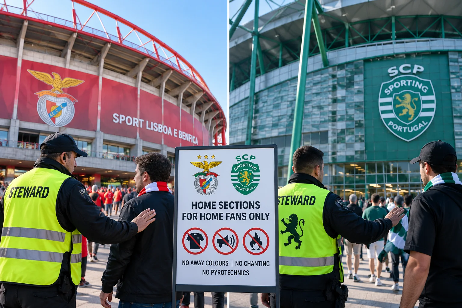 A split-screen visual showing security stewards outside Lisbon football stadiums. On the left, a steward in a high-visibility vest guides a Benfica fan outside Estádio da Luz. On the right, another steward stands outside Sporting CP's Estádio José Alvalade. In the center, a sign reads "Home Sections for Home Fans Only" with prohibition symbols for away colors, chanting, and pyrotechnics.