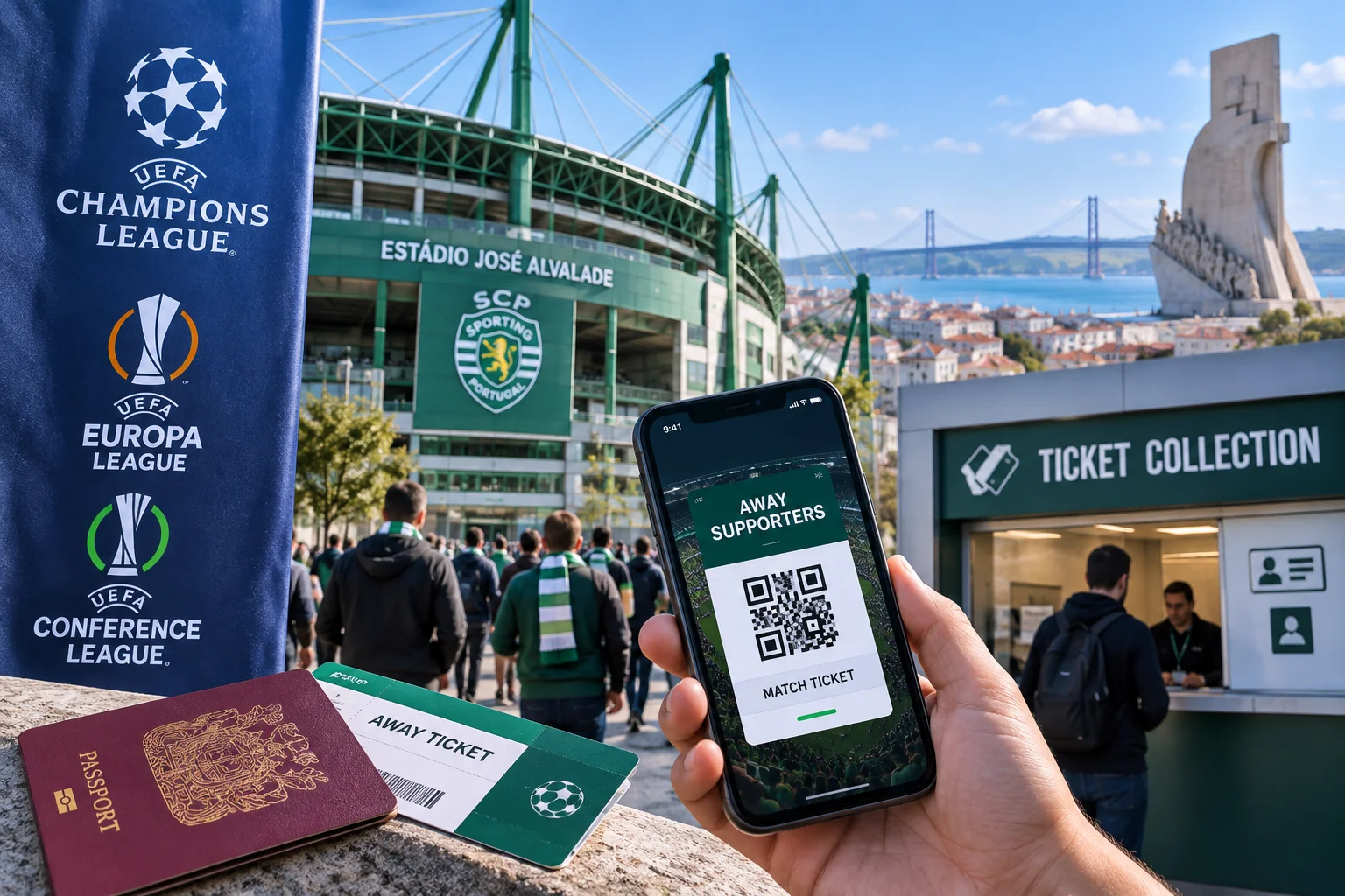 A hand holds a smartphone displaying a digital "Away Supporters" match ticket with a QR code in front of Sporting CP's Estádio José Alvalade. In the lower-left foreground, a passport, a physical paper match ticket, and a UEFA banner sit on a concrete ledge, with the Lisbon skyline and bridge visible in the background.