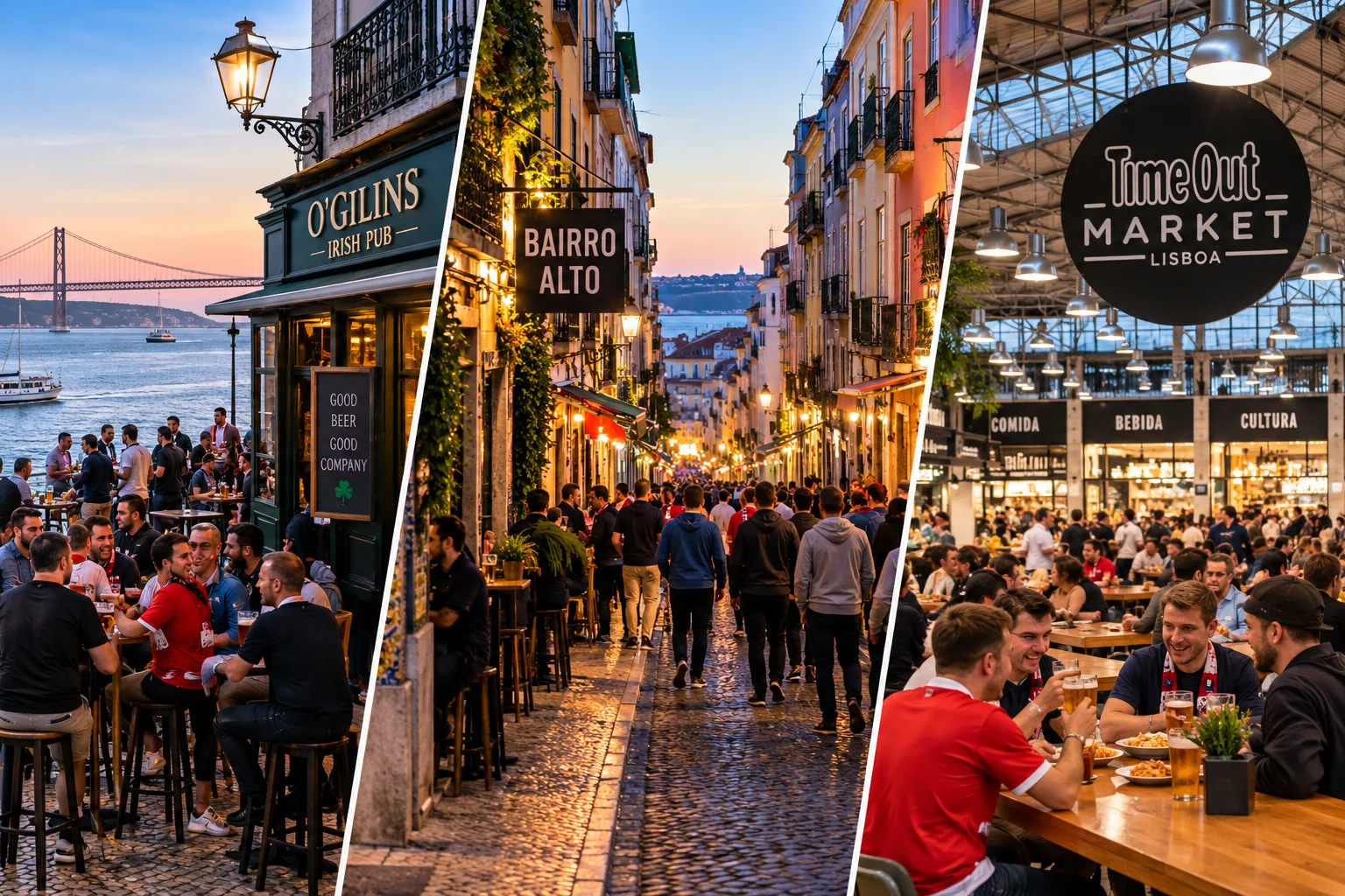 A three-panel collage of football fans enjoying nightlife in Lisbon. On the left, fans sit outside O'Gilins Irish Pub near the Tagus River with the 25 de Abril Bridge in the background. In the center, fans walk down a steep, cobblestone street in Bairro Alto at dusk. On the right, fans dine at communal wooden tables inside the crowded Time Out Market Lisbon.