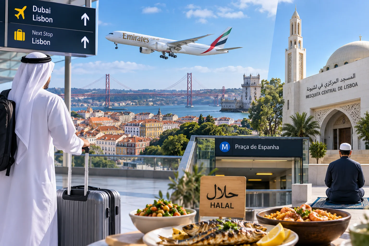 A composite illustration targeting Middle Eastern or Muslim travelers visiting Lisbon. The left shows a man in traditional white thobe and ghutra with luggage overlooking a cityscape as an Emirates plane flies overhead toward the 25 de Abril Bridge. The bottom foreground features a spread of grilled fish, rice, and salad next to a wooden "Halal" sign. The right panel shows a man praying on a rug outside the Central Mosque of Lisbon (Mesquita Central de Lisboa).