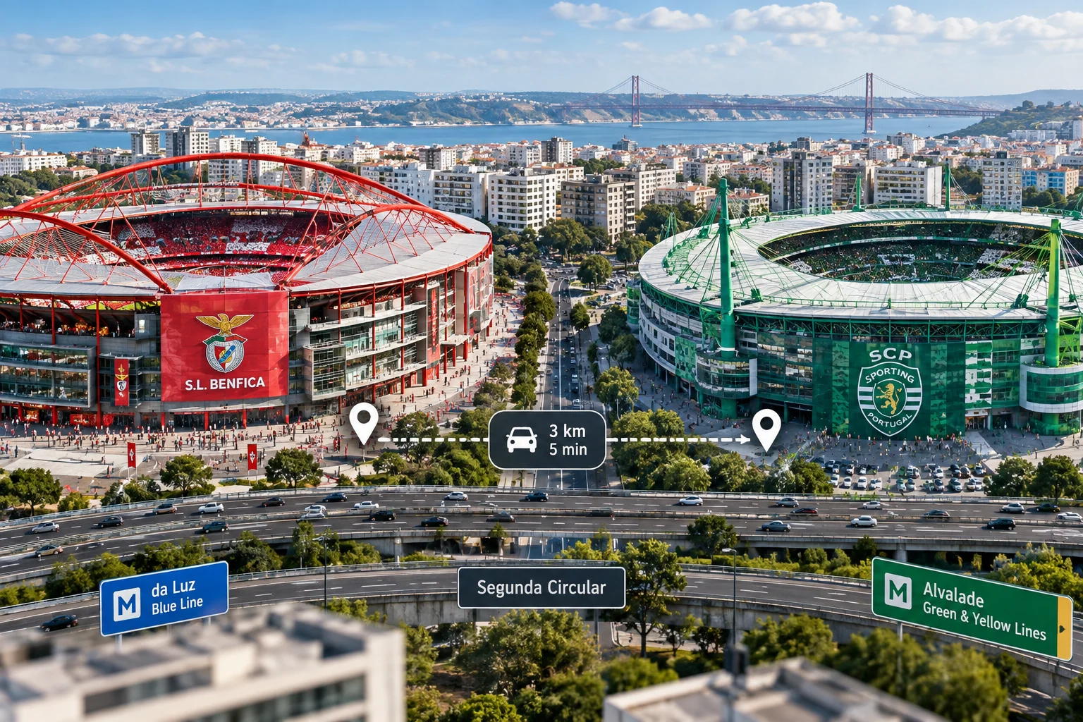 An aerial diagram comparing the locations of Benfica's Estádio da Luz and Sporting CP's Estádio José Alvalade in Lisbon. Annotations show a distance of 3 kilometers (5-minute drive) between the two stadiums along the Segunda Circular highway, with labels highlighting nearby metro lines (Blue Line for da Luz, Green & Yellow Lines for Alvalade).