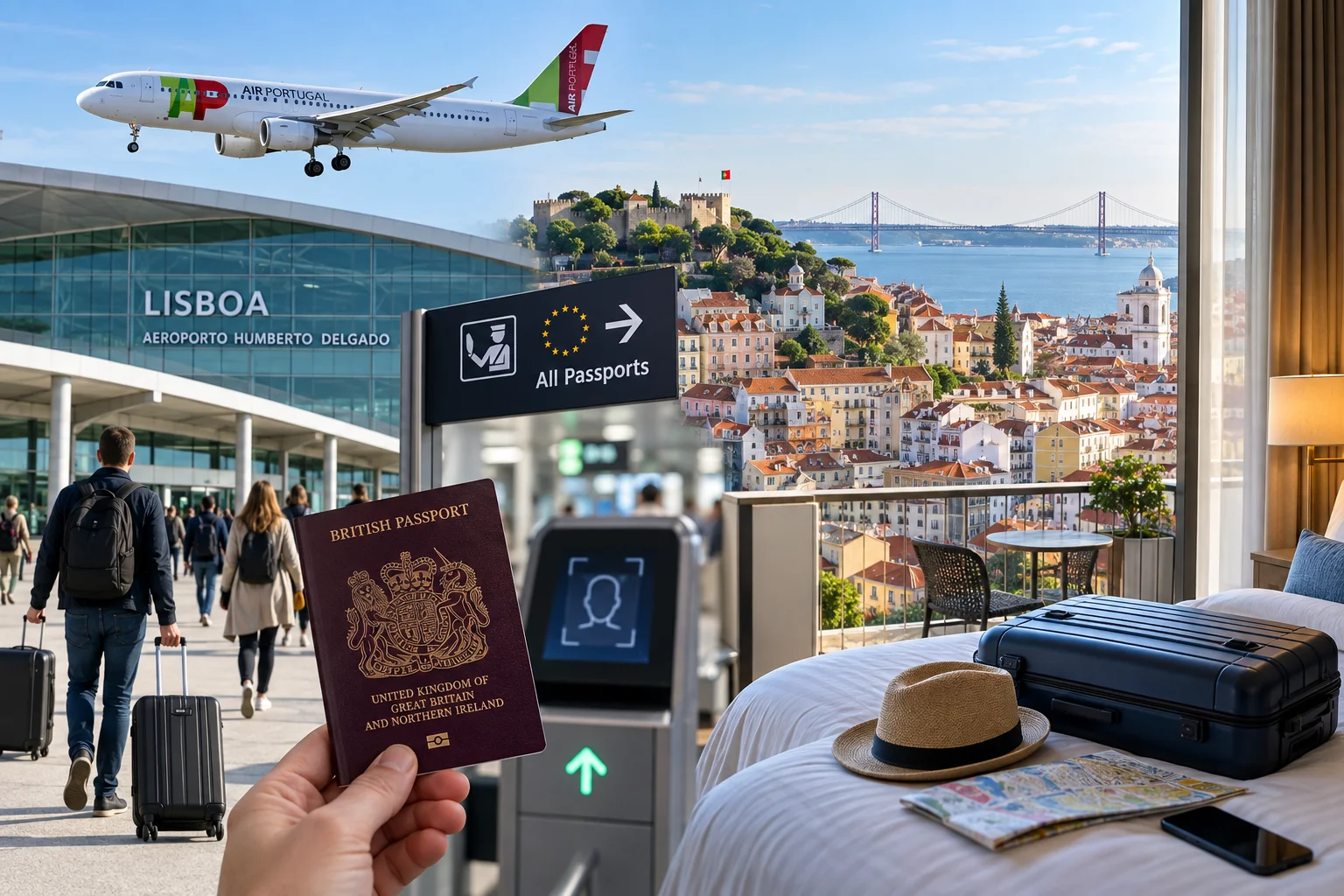 A travel composite showing a hand holding a British passport in front of an automated passport control gate at Lisbon Airport (Aeroporto Humberto Delgado), with a TAP Air Portugal plane flying overhead. On the right, a hotel room bed holds a suitcase, hat, and map, with a window overlooking the colorful Lisbon cityscape and river.