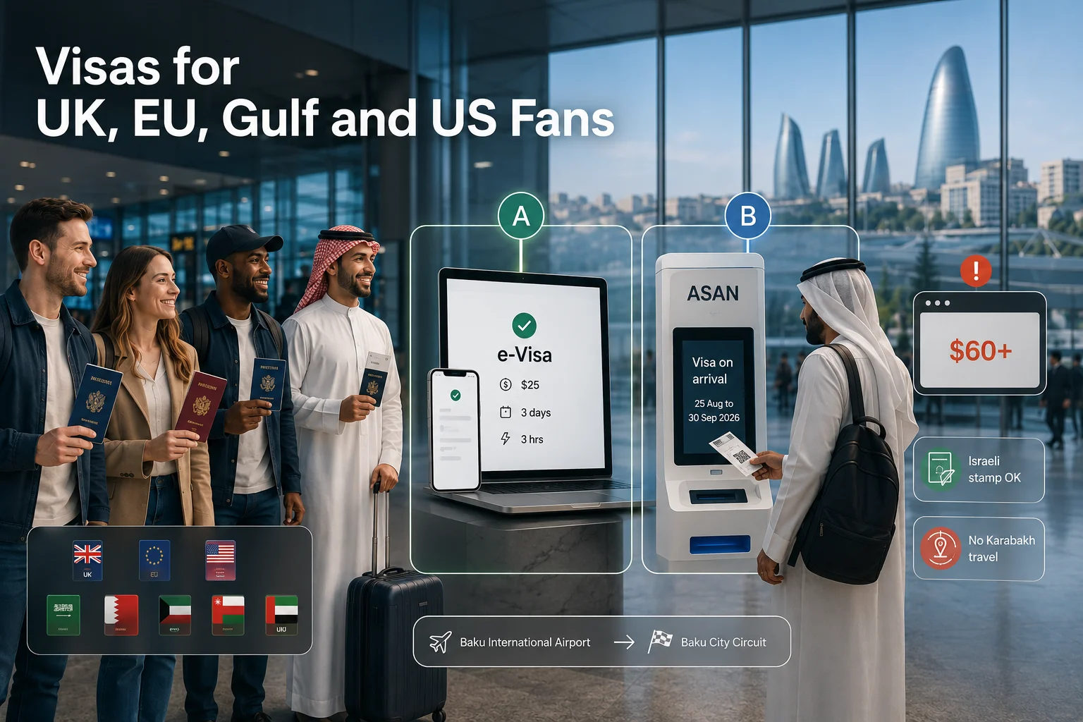 Infographic detailing Azerbaijan visa options for international F1 fans, highlighting e-Visa processing, ASAN kiosk visa-on-arrival dates, eligible national flags, and travel guidelines.