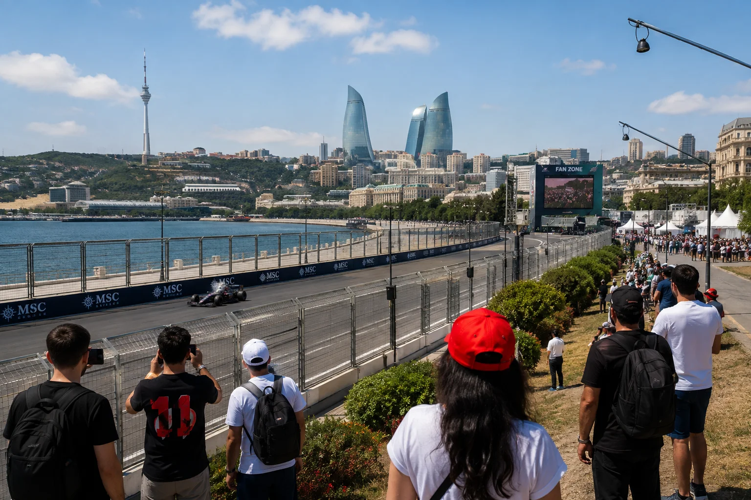 Fans standing along the coastal fence watching a Formula 1 car speed past the Baku waterfront with the Flame Towers in the distance.