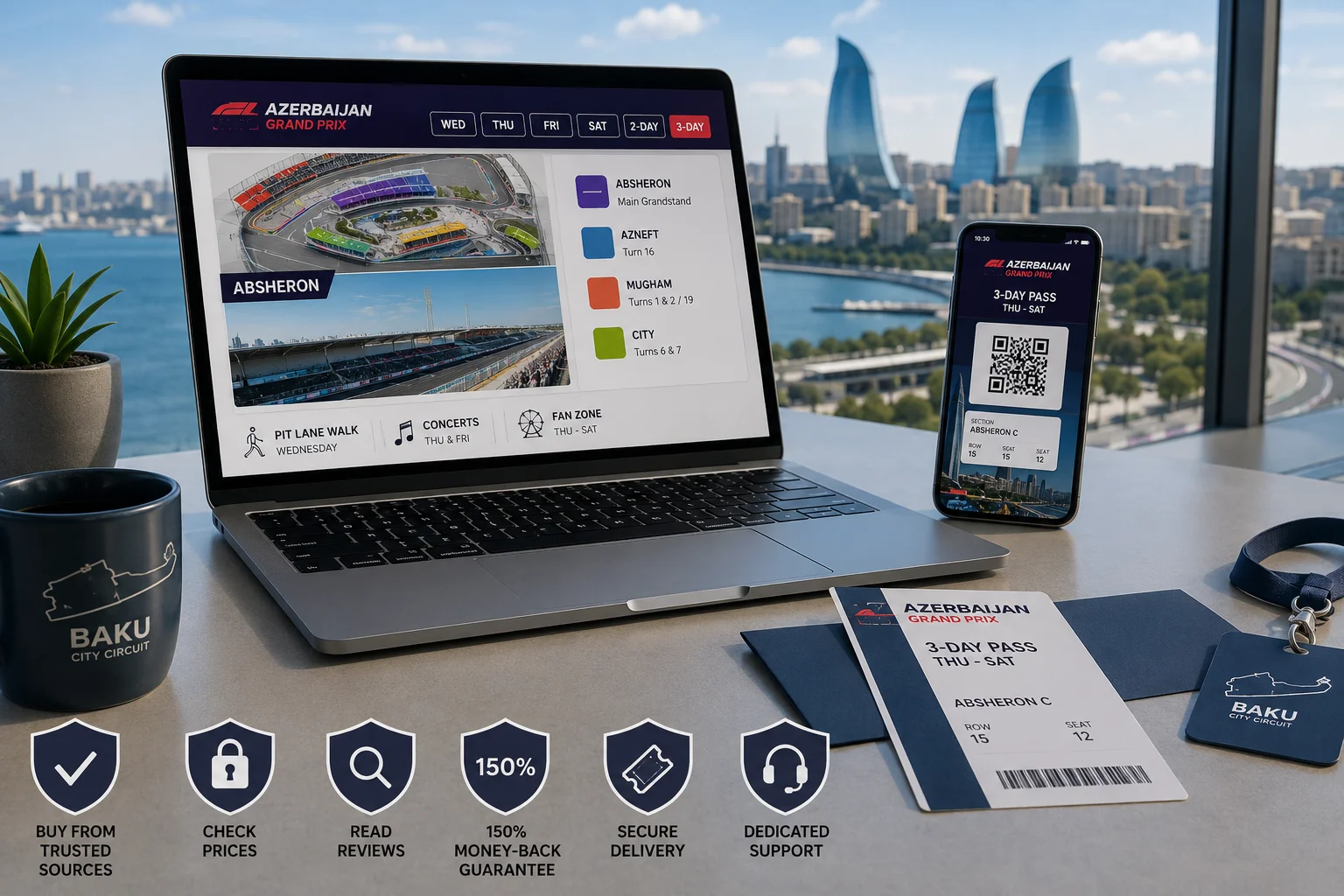 Desk setup featuring a laptop screen and smartphone displaying Azerbaijan F1 ticket booking portals, paper passes, a Baku lanyard, and trust guarantees.