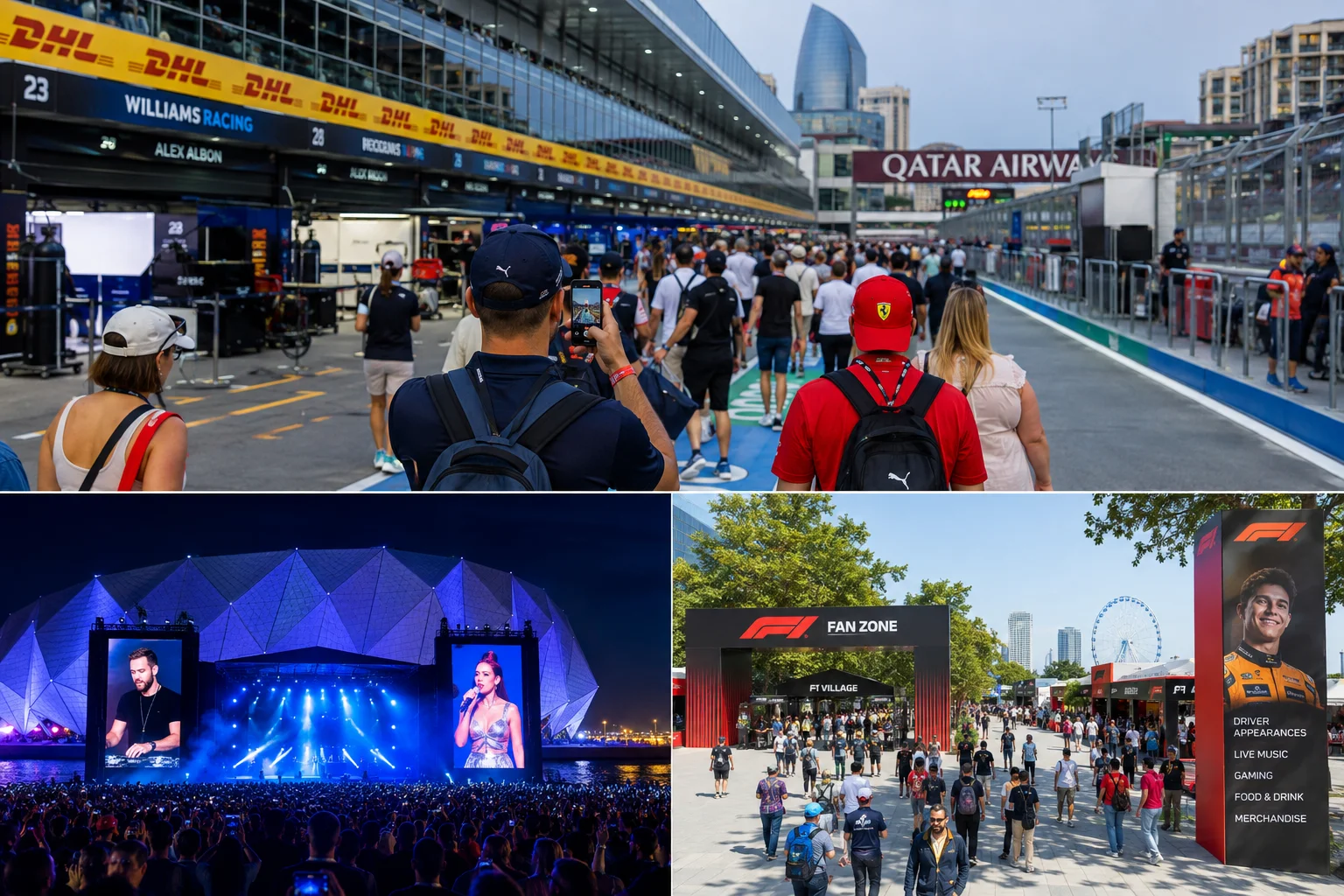 Collage featuring fans on the F1 pit lane walk, an outdoor concert at Baku Crystal Hall, and the entrance to the F1 Fan Zone.