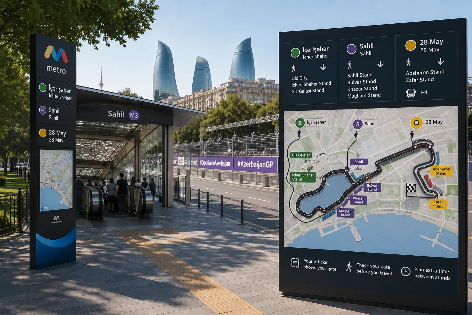 Sahil metro station entrance in Baku next to a large wayfinding sign showing metro routes and grandstand locations on the Baku City Circuit map.