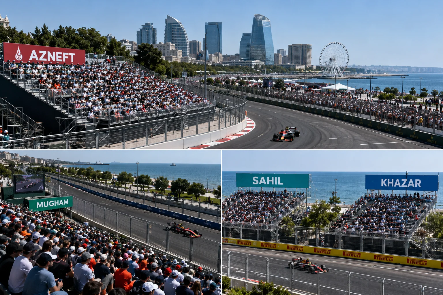 Three-panel image displaying views of F1 cars and spectator stands at the Azneft, Mugham, Sahil, and Khazar grandstands.