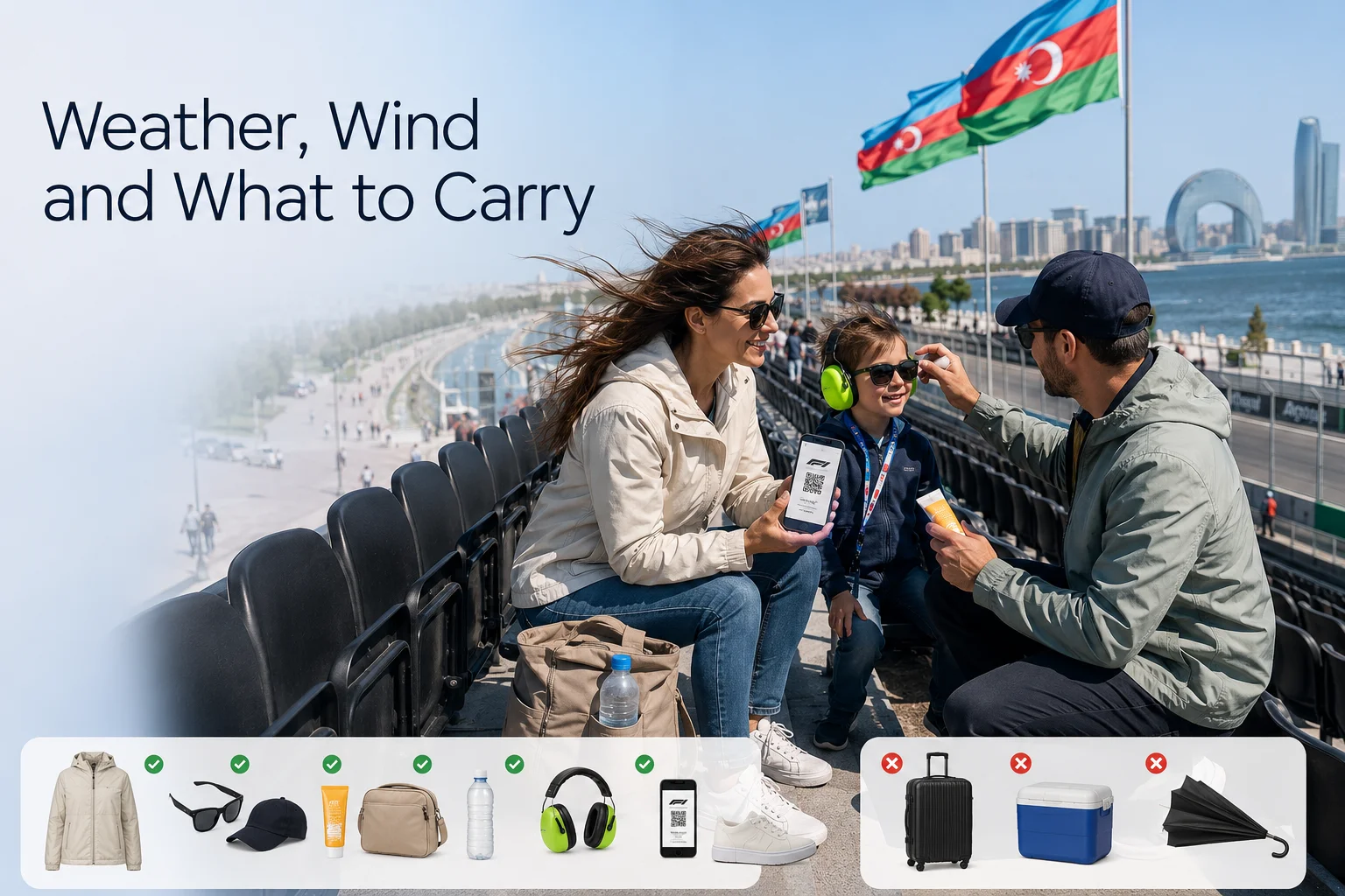 Event packing guide displaying a family in grandstand seating alongside checklist icons of permitted items like jackets, sunscreen, and ear protection versus prohibited items like rolling luggage, coolers, and umbrellas.