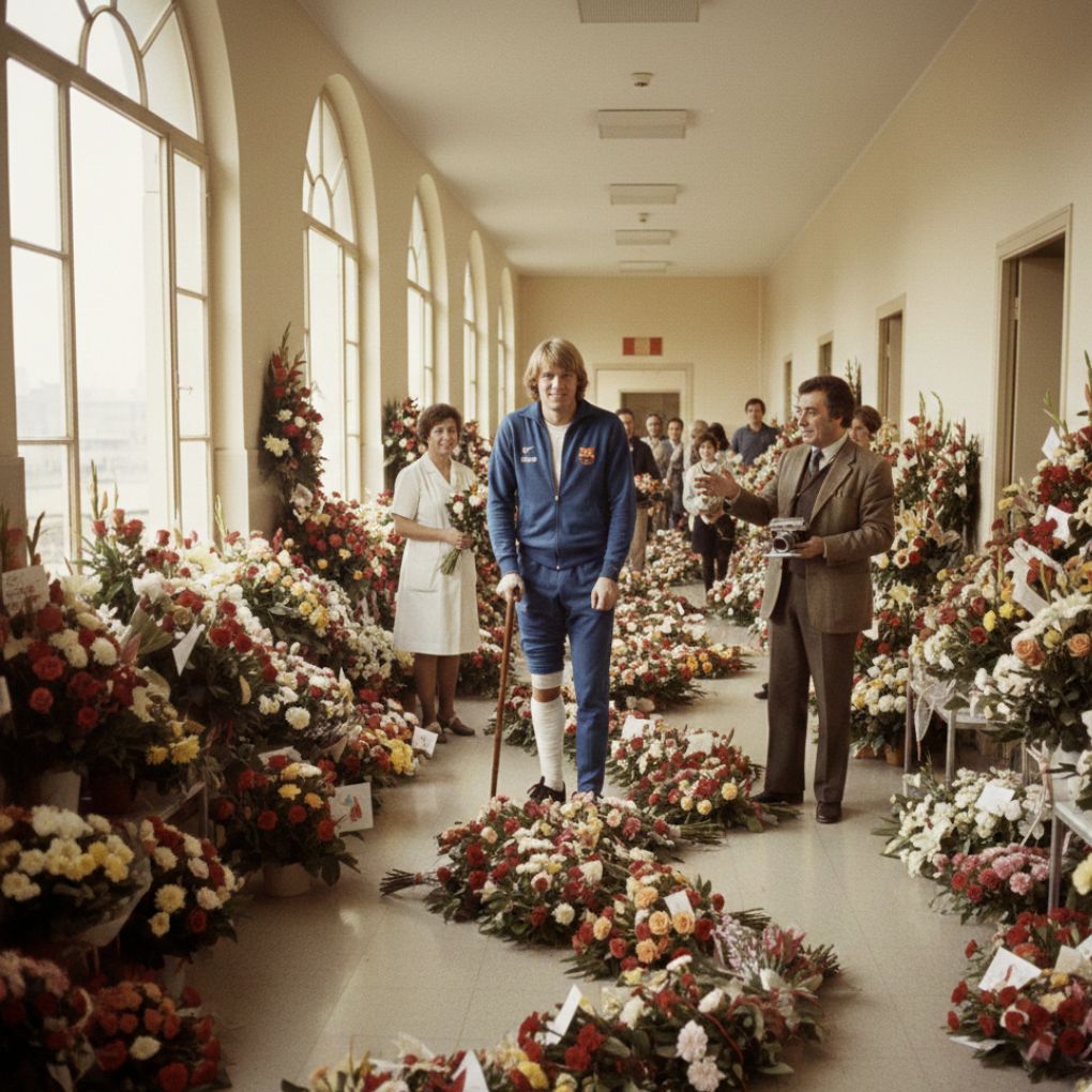 In 1977, Neeskens' hospital stay saw a hallway filled with fan bouquets after his knee surgery.
