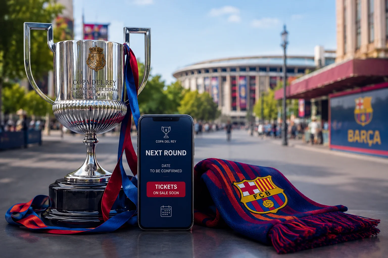 The Copa del Rey trophy displayed on a table next to a smartphone showing "Next Round Tickets On Sale Soon" and a FC Barcelona scarf.