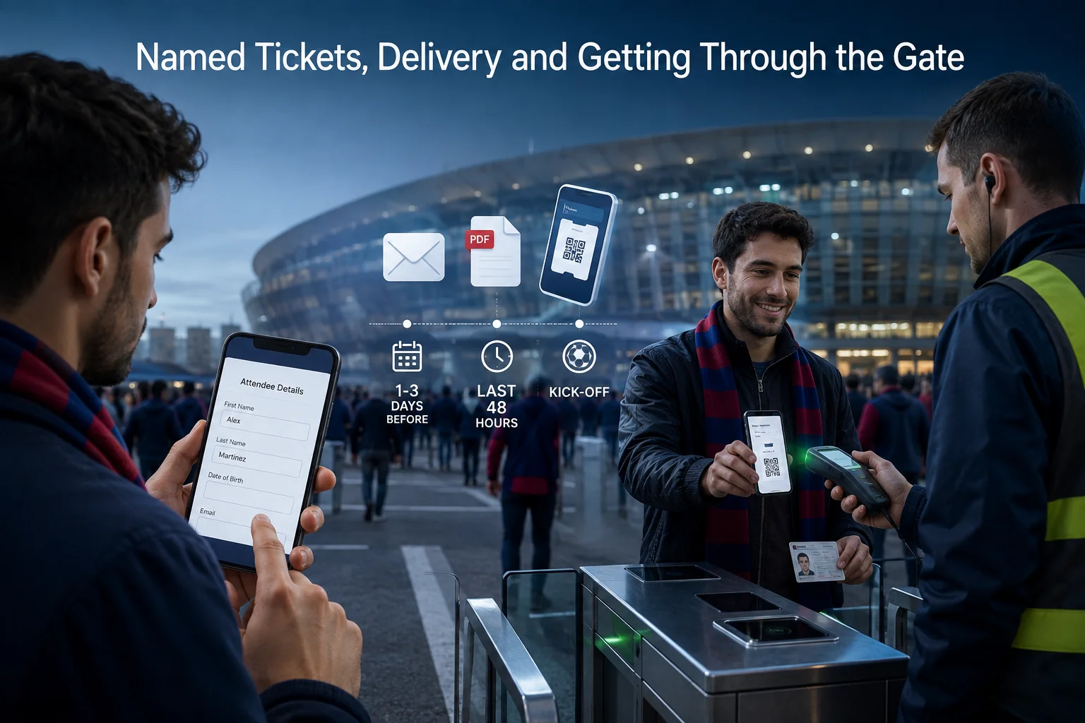 Graphic showing FC Barcelona stadium ticket delivery steps—email, PDF, QR code—and fans filling out attendee details on a phone and scanning a digital ticket at turnstiles.