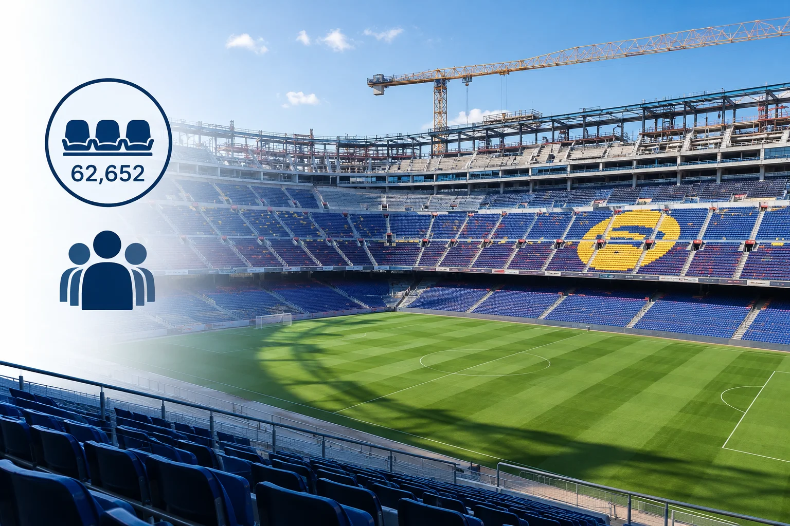 Wide interior view of a stadium undergoing construction with seating capacity graphic showing 62,652 seats.