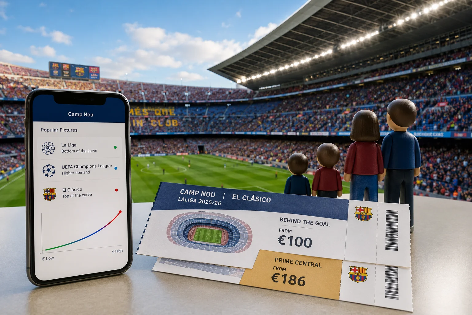 A smartphone showing a match demand graph and ticket options for Camp Nou El Clásico, alongside physical ticket stubs and toy fan figures inside the stadium.