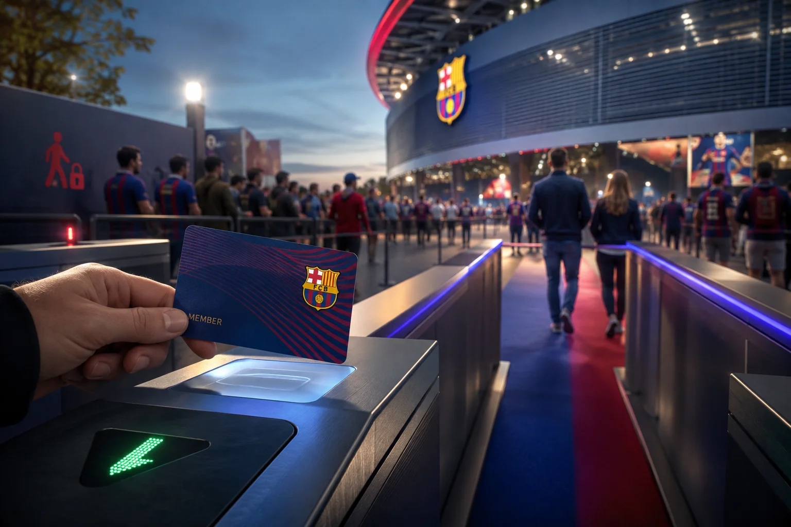 Hand scanning an FC Barcelona member card at a stadium entrance turnstile while fans enter in the background.
