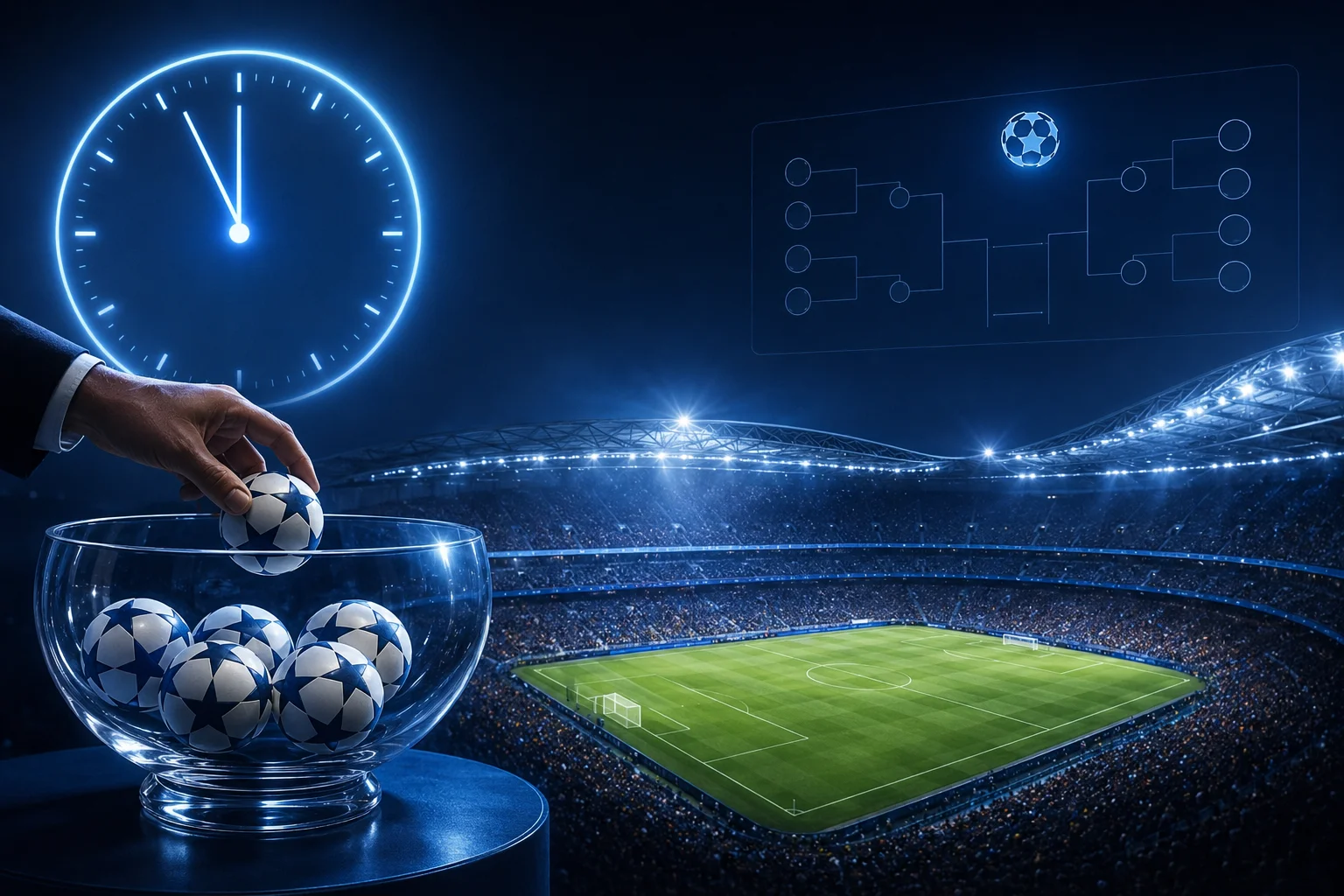 A hand drawing a Champions League draw ball from a glass bowl with a illuminated clock and tournament bracket graphic above a illuminated stadium field.
