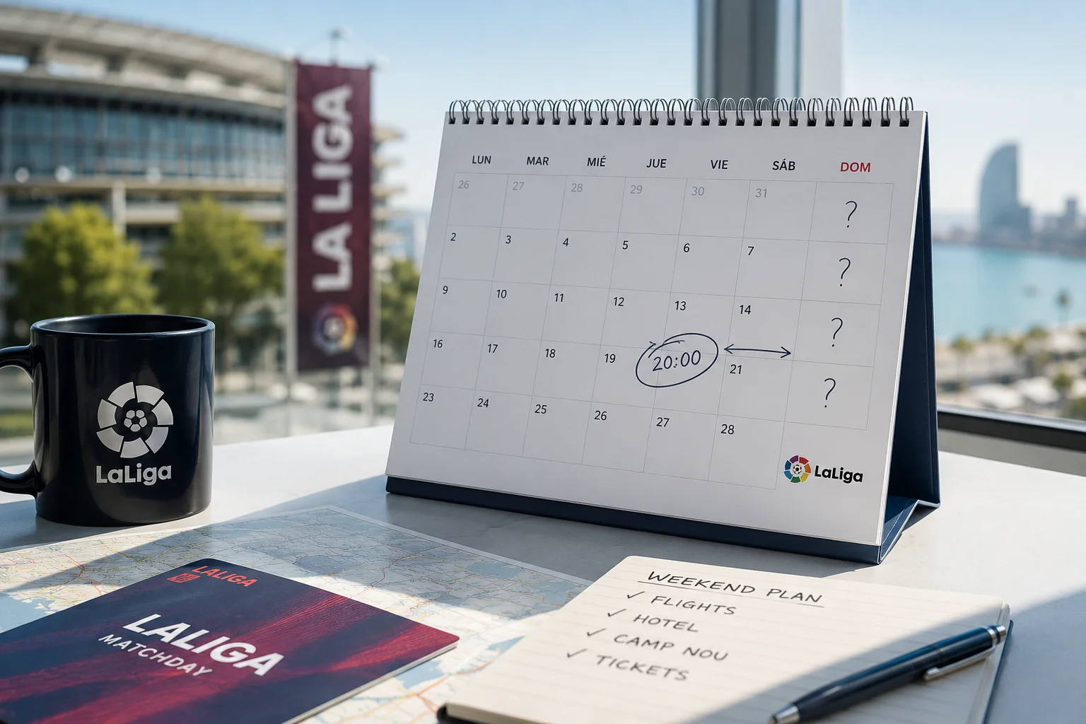 A desk setup featuring a desk calendar, a LaLiga coffee mug, a matchday guide, and a weekend planning notepad checklist in front of a stadium view.