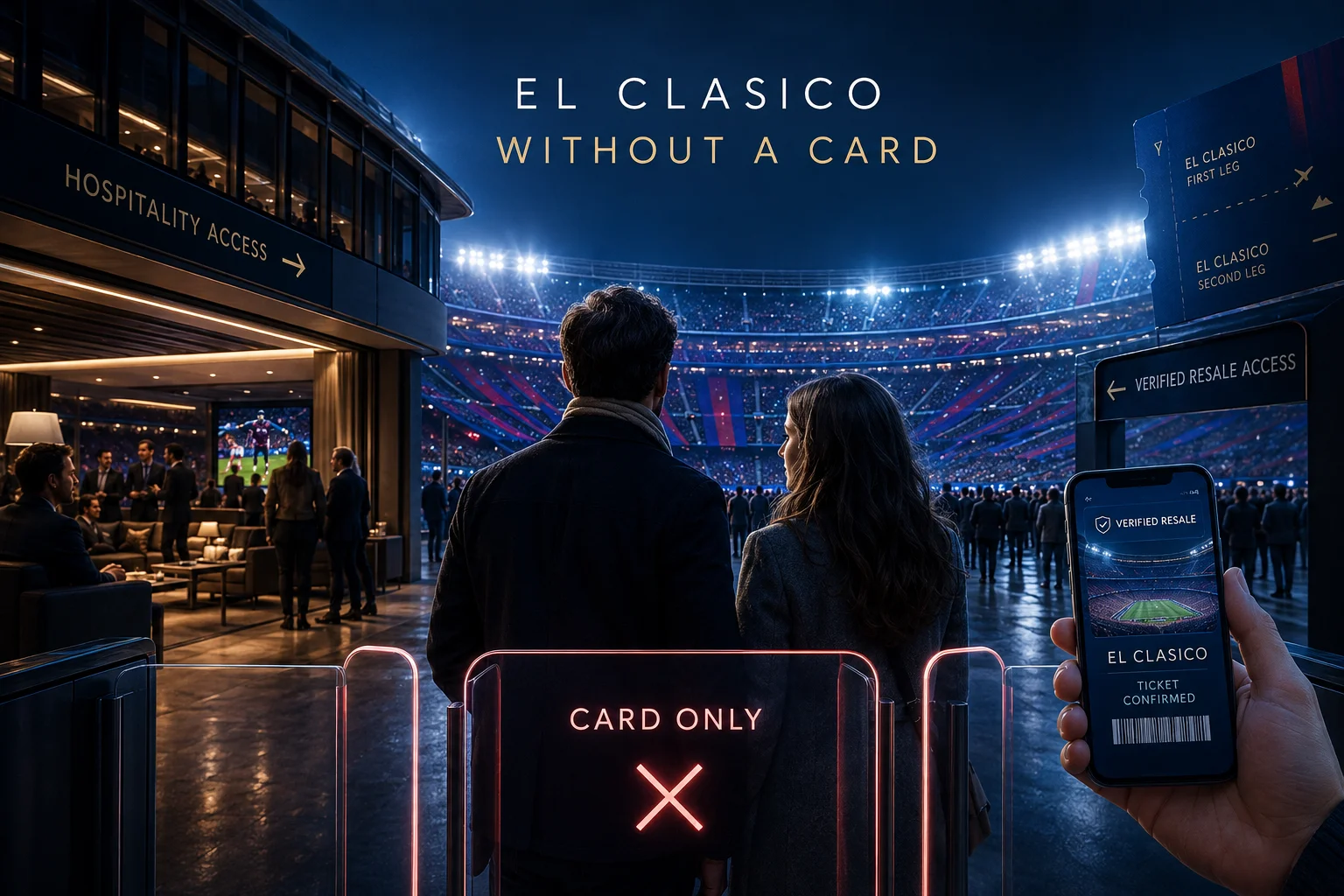Evening view of stadium turnstiles showing a "Card Only" restriction alongside a hand holding a smartphone with a verified resale El Clásico digital ticket.