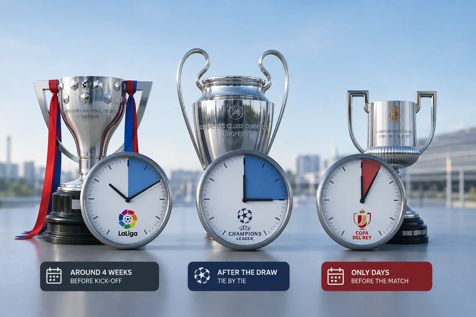 Three trophies—LaLiga, UEFA Champions League, and Copa del Rey—placed behind clocks showing ticket availability release timelines.