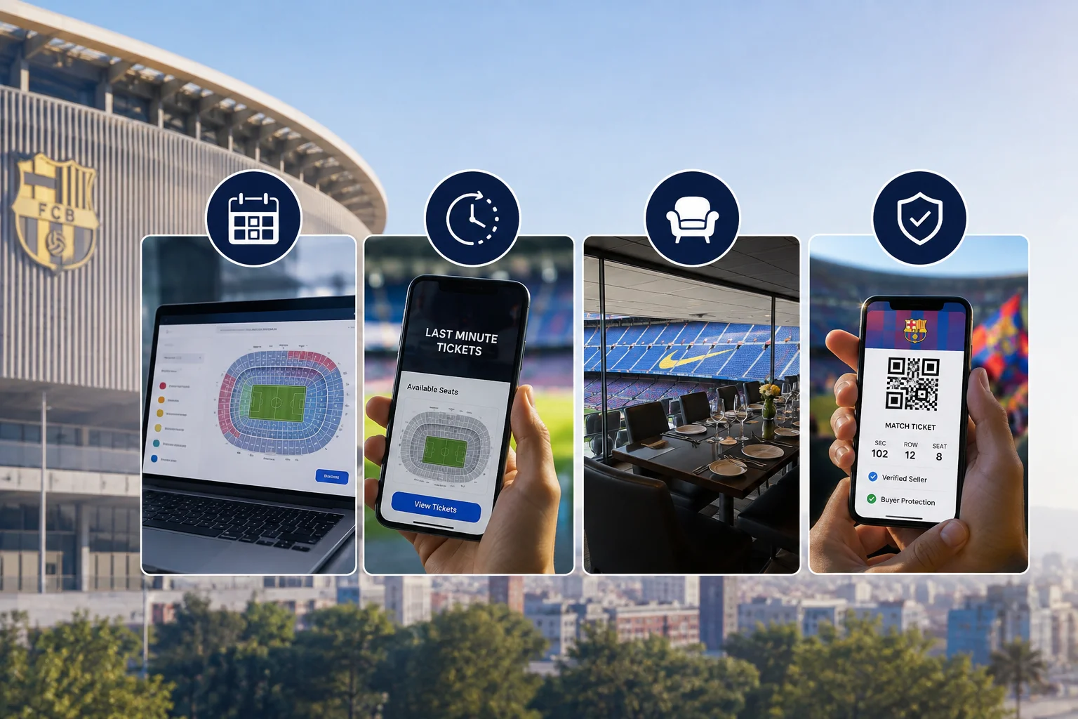 Four panel graphic showing stadium seating chart on a laptop, last-minute mobile tickets, VIP hospitality seating, and a mobile digital ticket with a QR code.