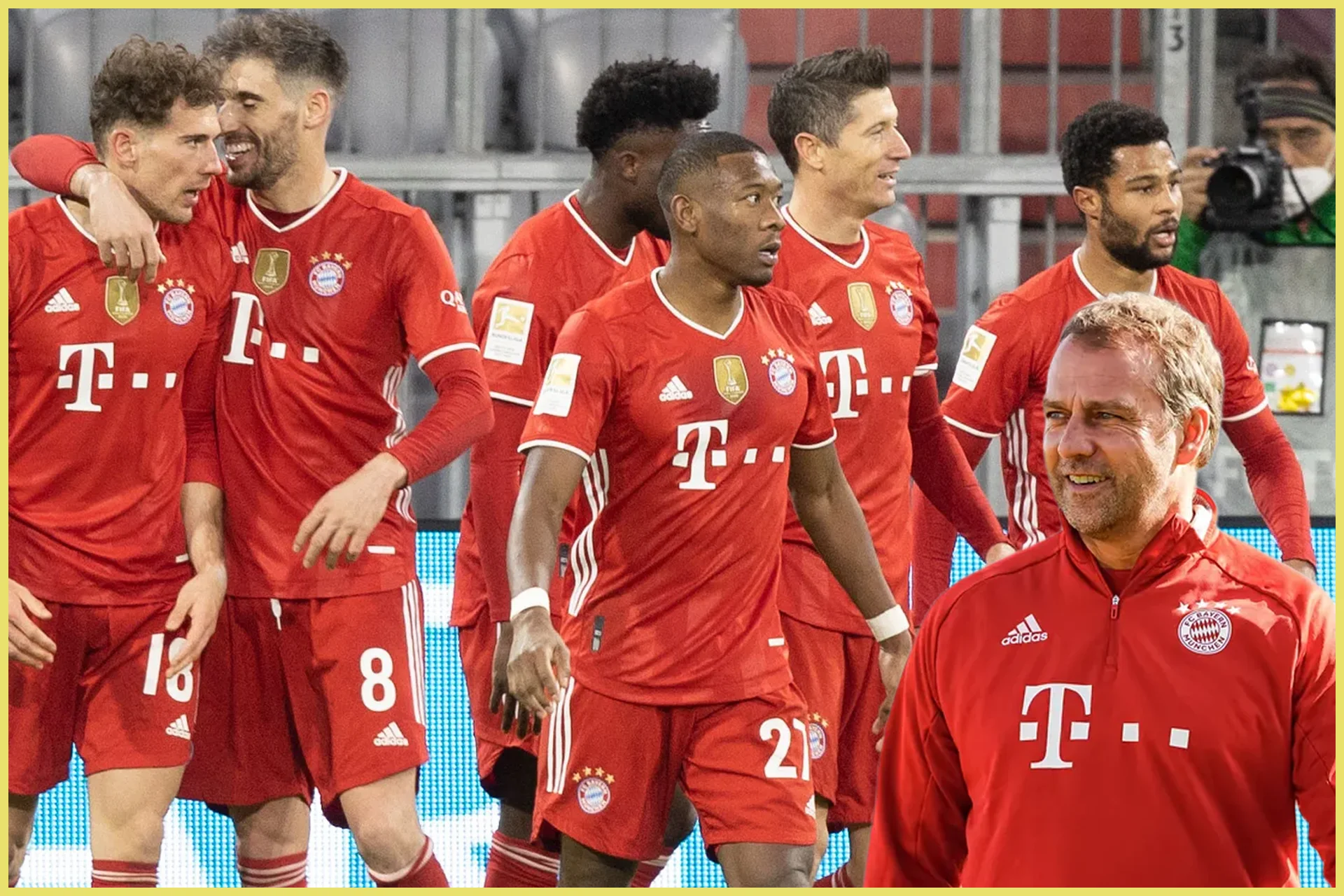 A celebration collage highlighting FC Bayern Munich's historic success. In the right foreground, manager Hansi Flick smiles warmly while wearing a red Adidas team training top emblazoned with the Bayern Munich crest and a white logo. In the background, several players celebrate on the pitch in their red home kits featuring gold champion patches on the chest. Notable players visible include Leon Goretzka hugging Javi Martínez on the left, David Alaba (number 21) looking forward in the center, and Robert Lewandowski and Serge Gnabry celebrating on the right.