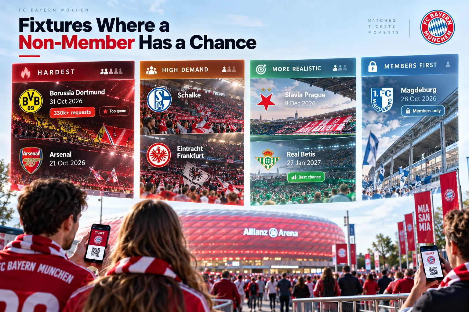 An infographic titled "Fixtures Where a Non-Member Has a Chance" with fans looking towards the Allianz Arena. Four categorized cards list match difficulties: Hardest (Borussia Dortmund, Arsenal), High Demand (Schalke, Eintracht Frankfurt), More Realistic (Slavia Prague, Real Betis), and Members First (Magdeburg).