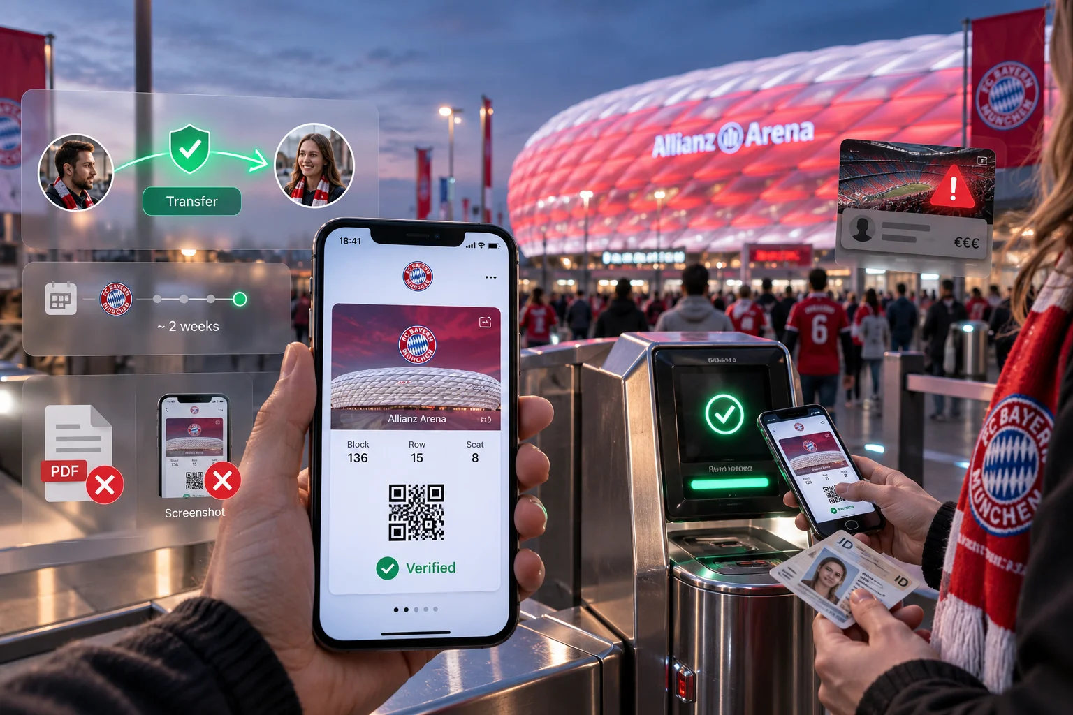 A fan holding a smartphone displaying a verified FC Bayern ticket QR code at an Allianz Arena entrance turnstile. Graphic overlays show a ticket transfer process, a ~2 weeks timeline, a verified mobile ticket checkmark, and red cross icons over PDF files and screenshots to highlight invalid formats.